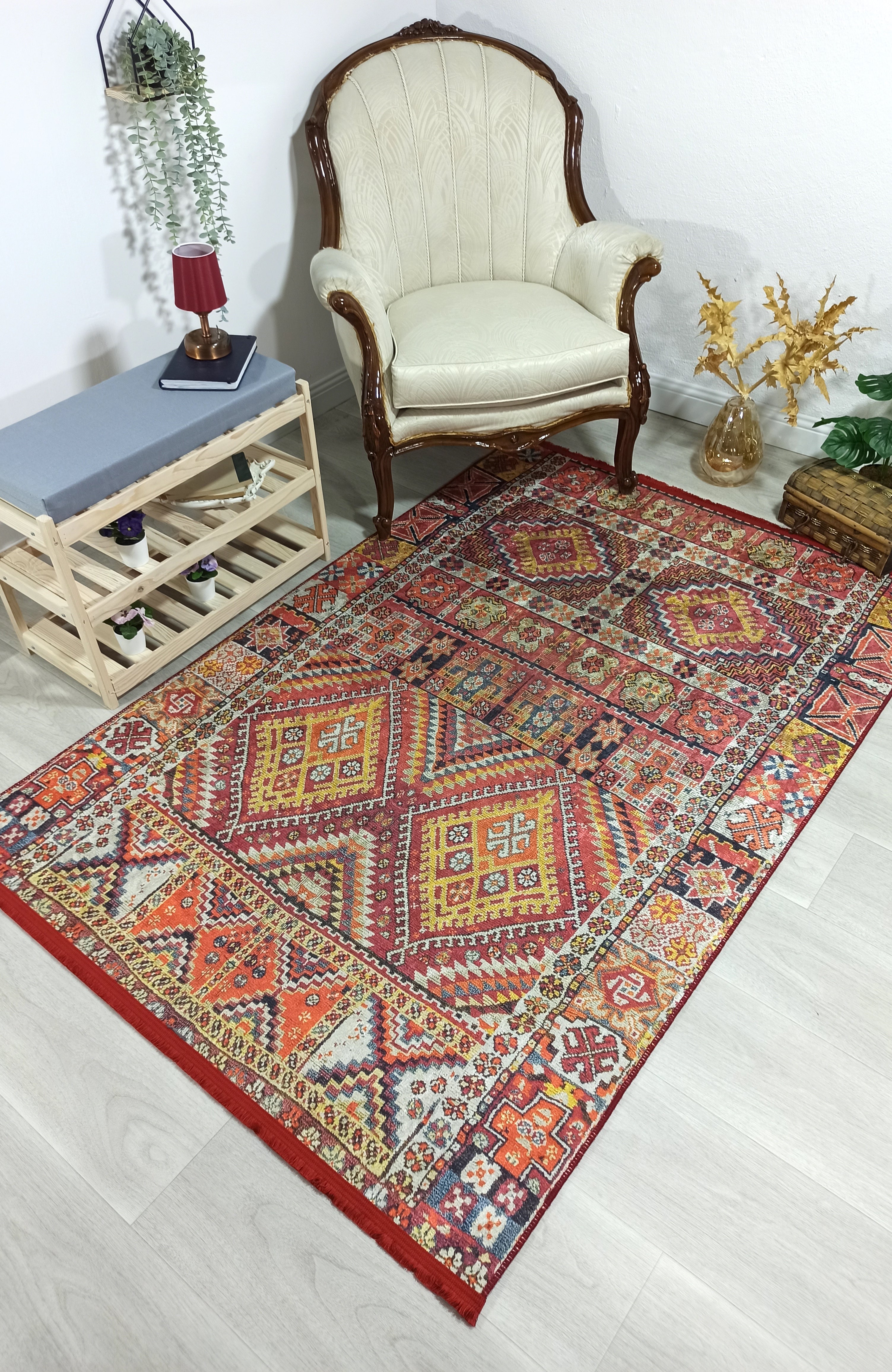 Persian Style Rug, Natural Ivory Colorful Geometry Rug