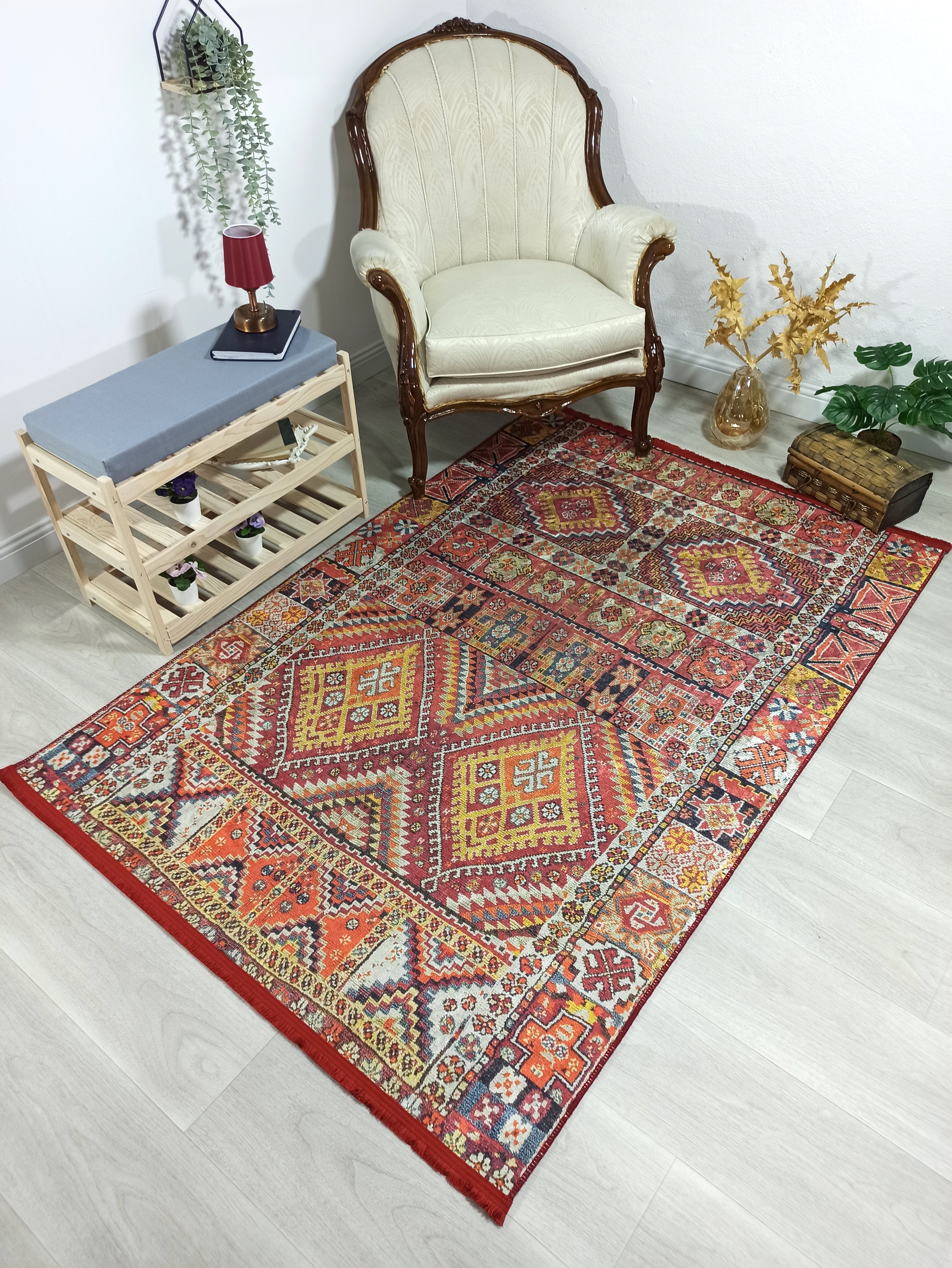Persian Style Rug, Natural Ivory Colorful Geometry Rug