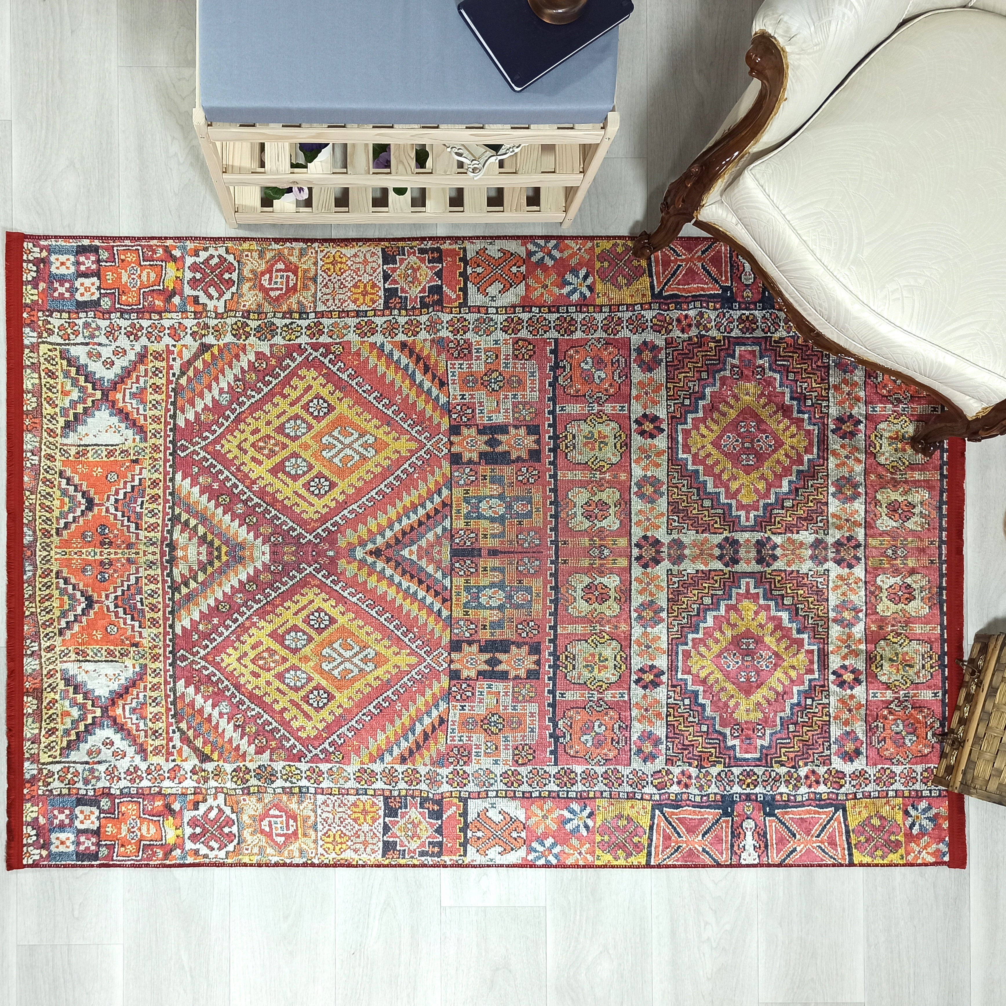 Persian Style Rug, Natural Ivory Colorful Geometry Rug