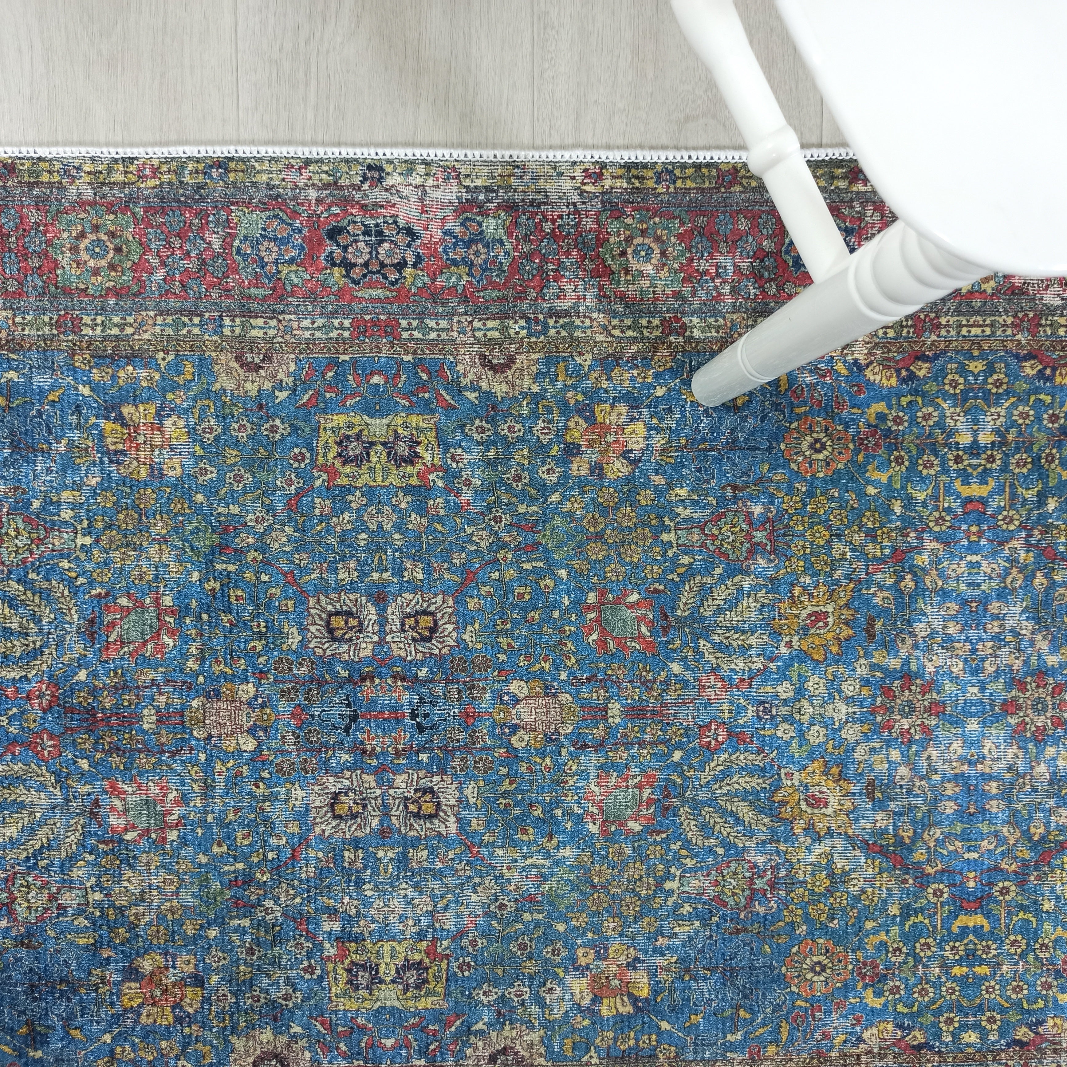 Turkish Oushak Rug, Blue & Red Vintage Rug.