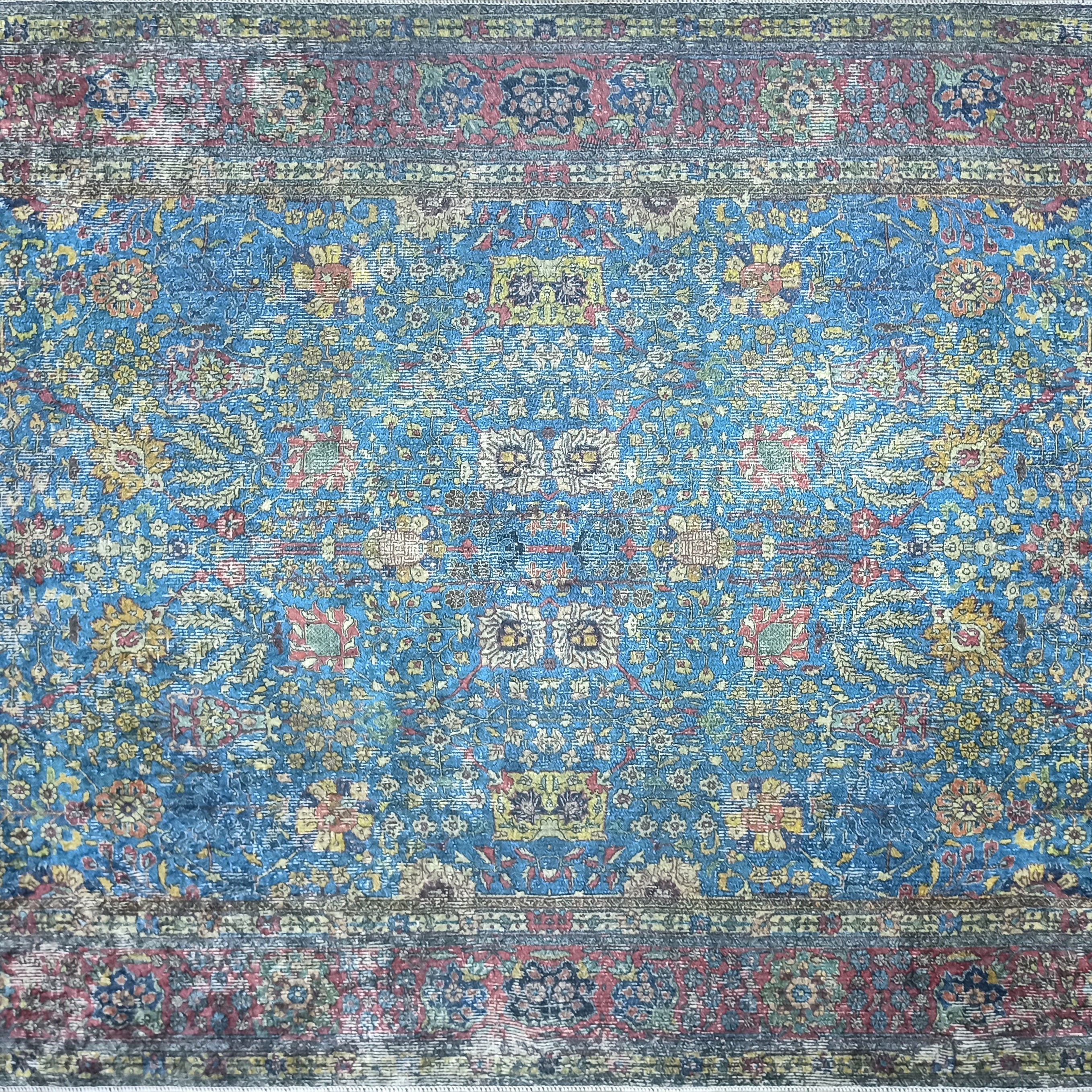 Turkish Oushak Rug, Blue & Red Vintage Rug.