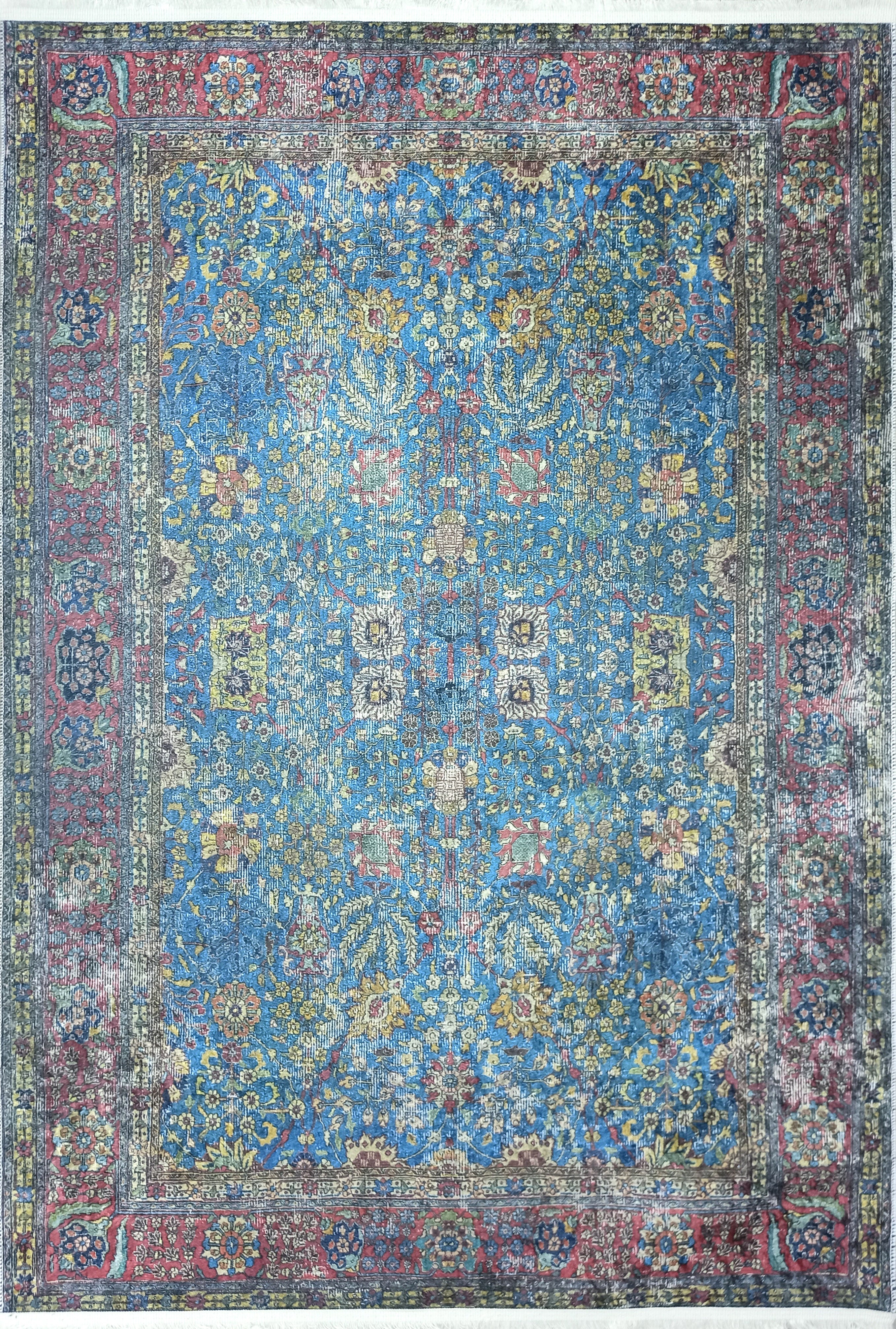 Turkish Oushak Rug, Blue & Red Vintage Rug.
