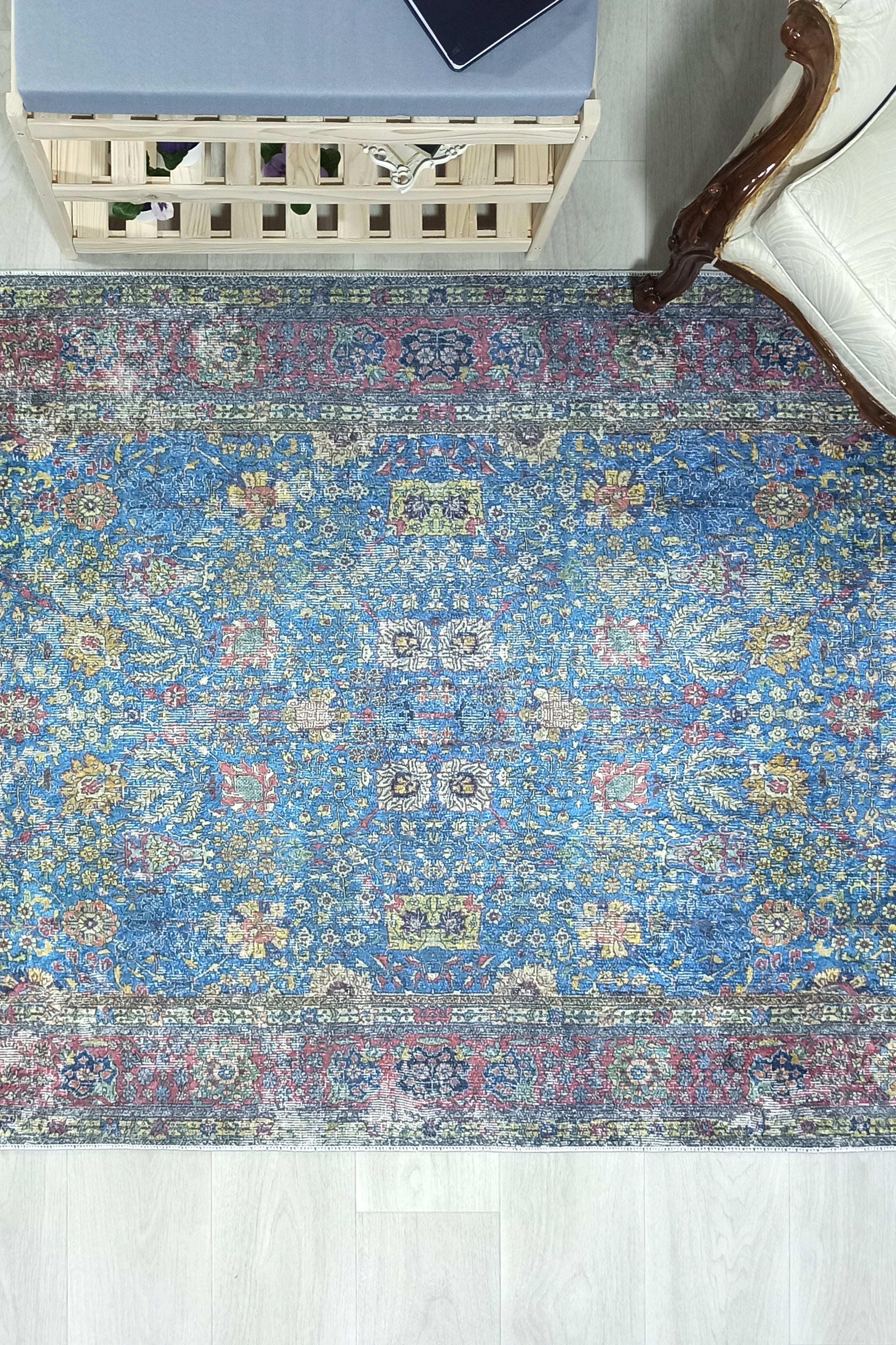 Turkish Oushak Rug, Blue & Red Vintage Rug.