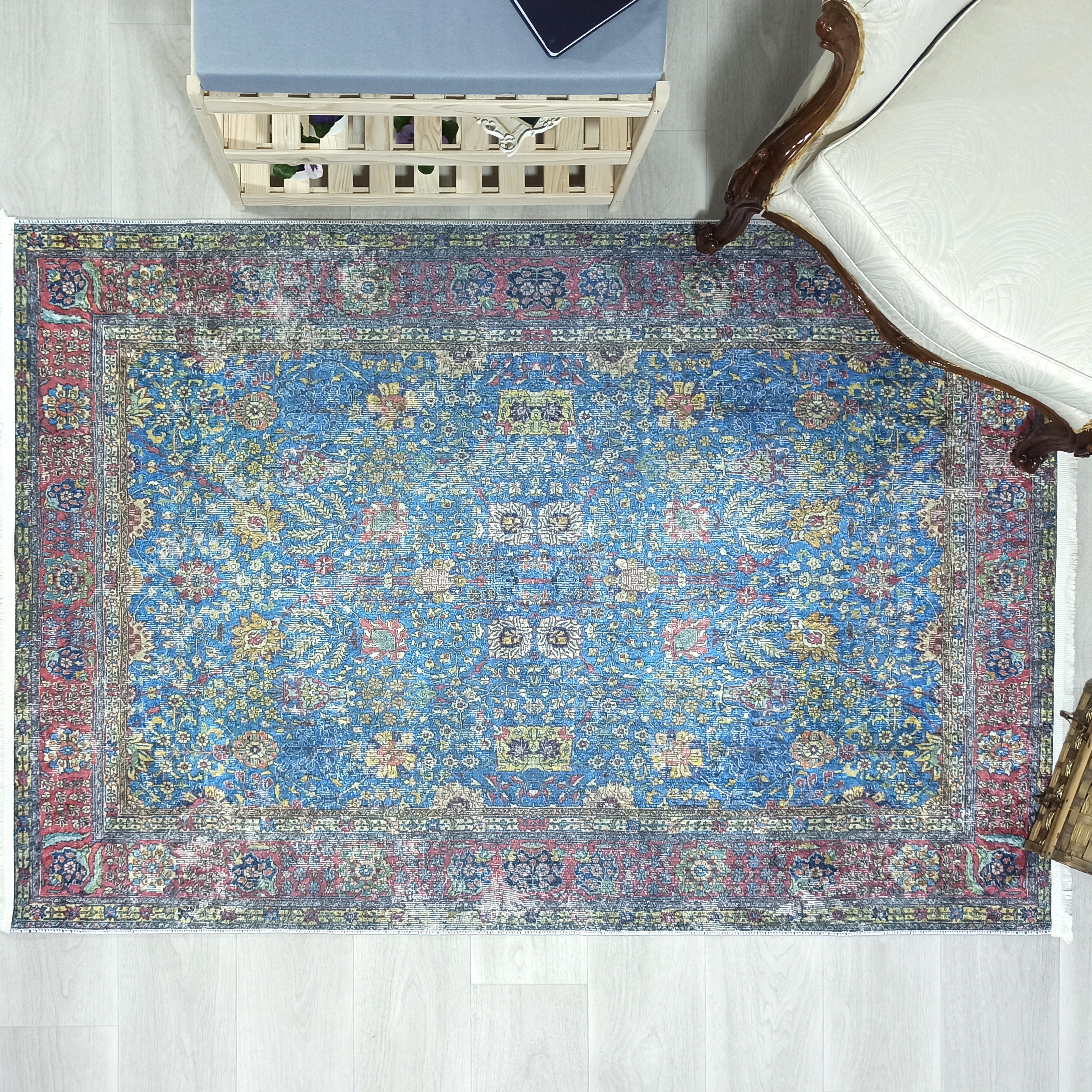 Turkish Oushak Rug, Blue & Red Vintage Rug.