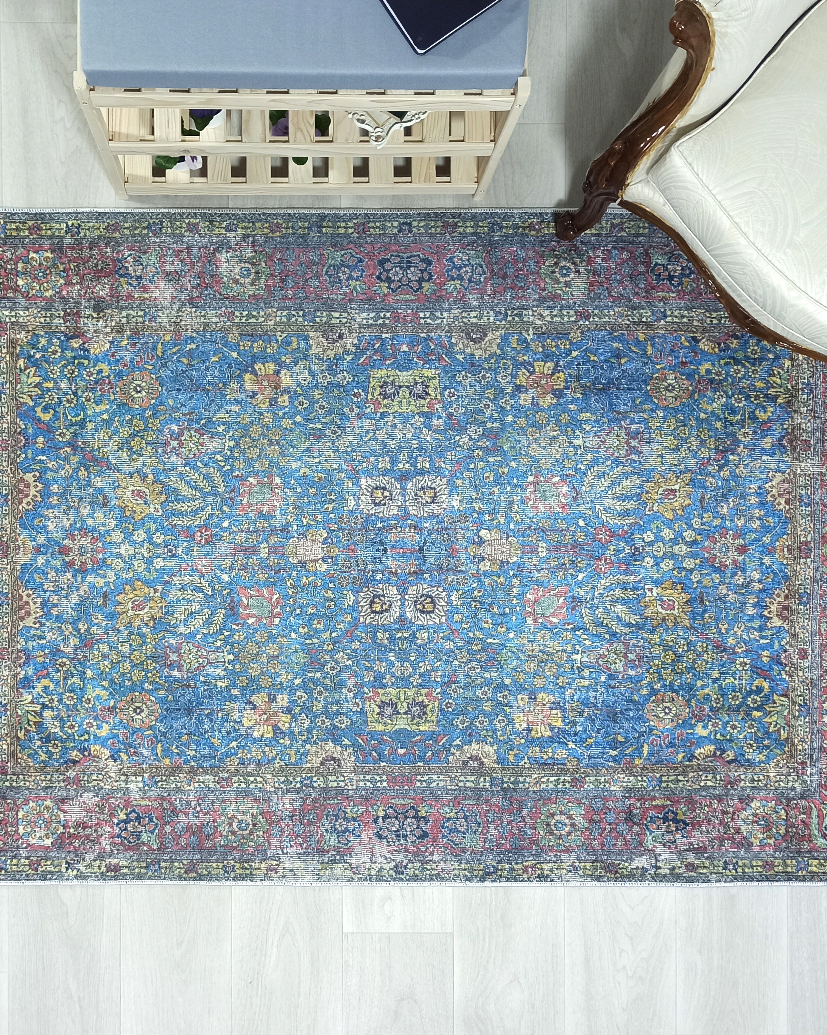 Turkish Oushak Rug, Blue & Red Vintage Rug.