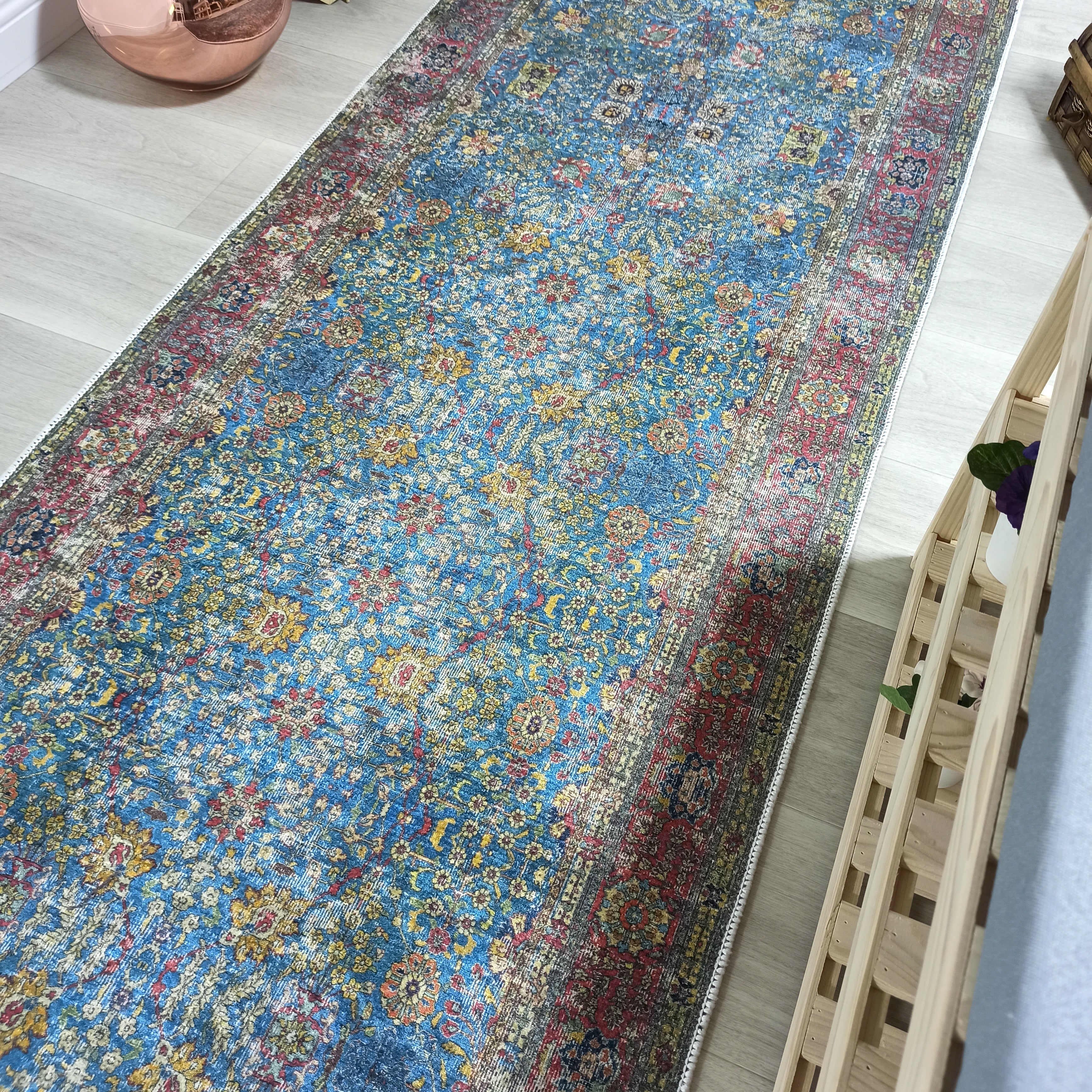 Turkish Oushak Rug, Blue & Red Vintage Rug.