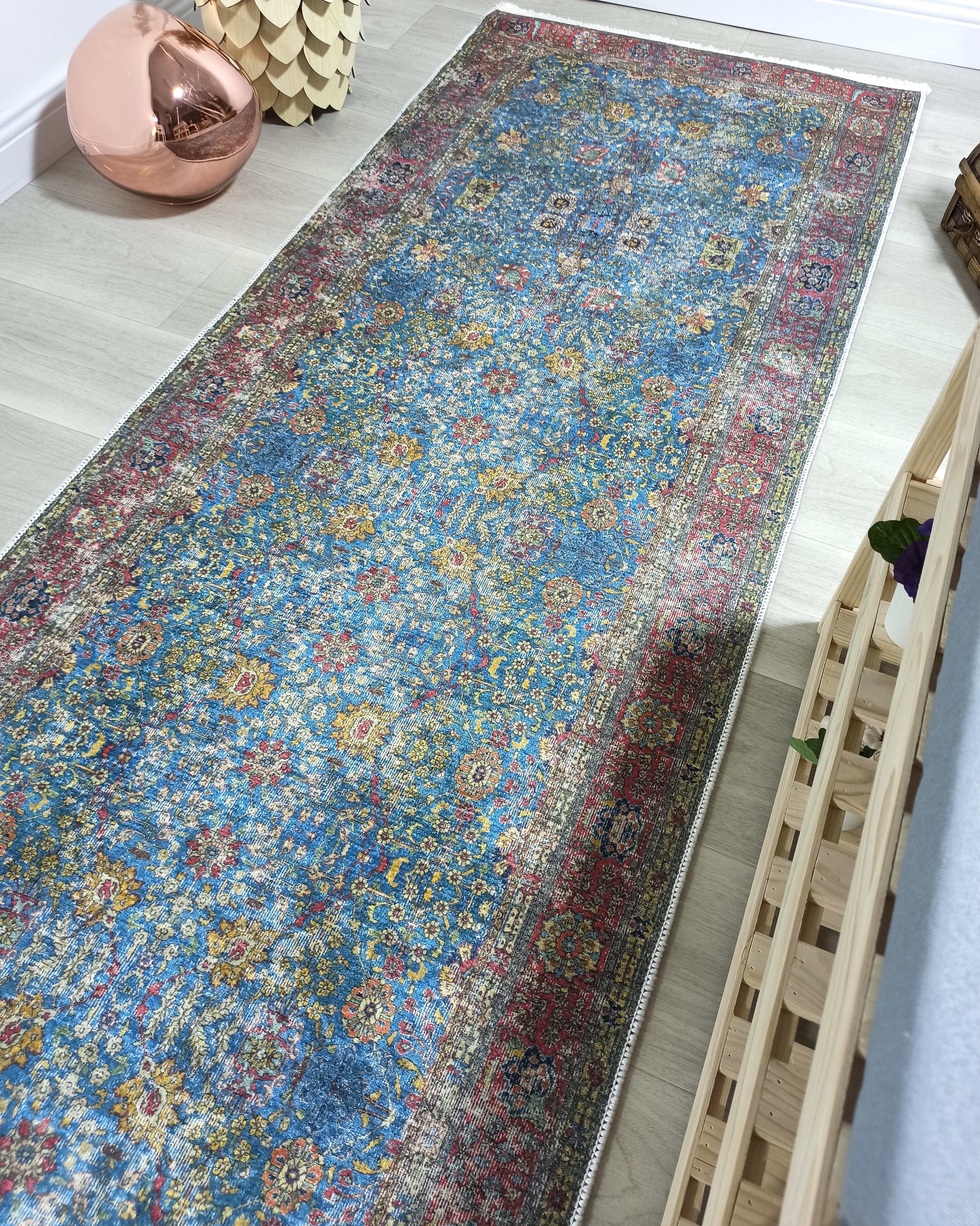 Turkish Oushak Rug, Blue & Red Vintage Rug.