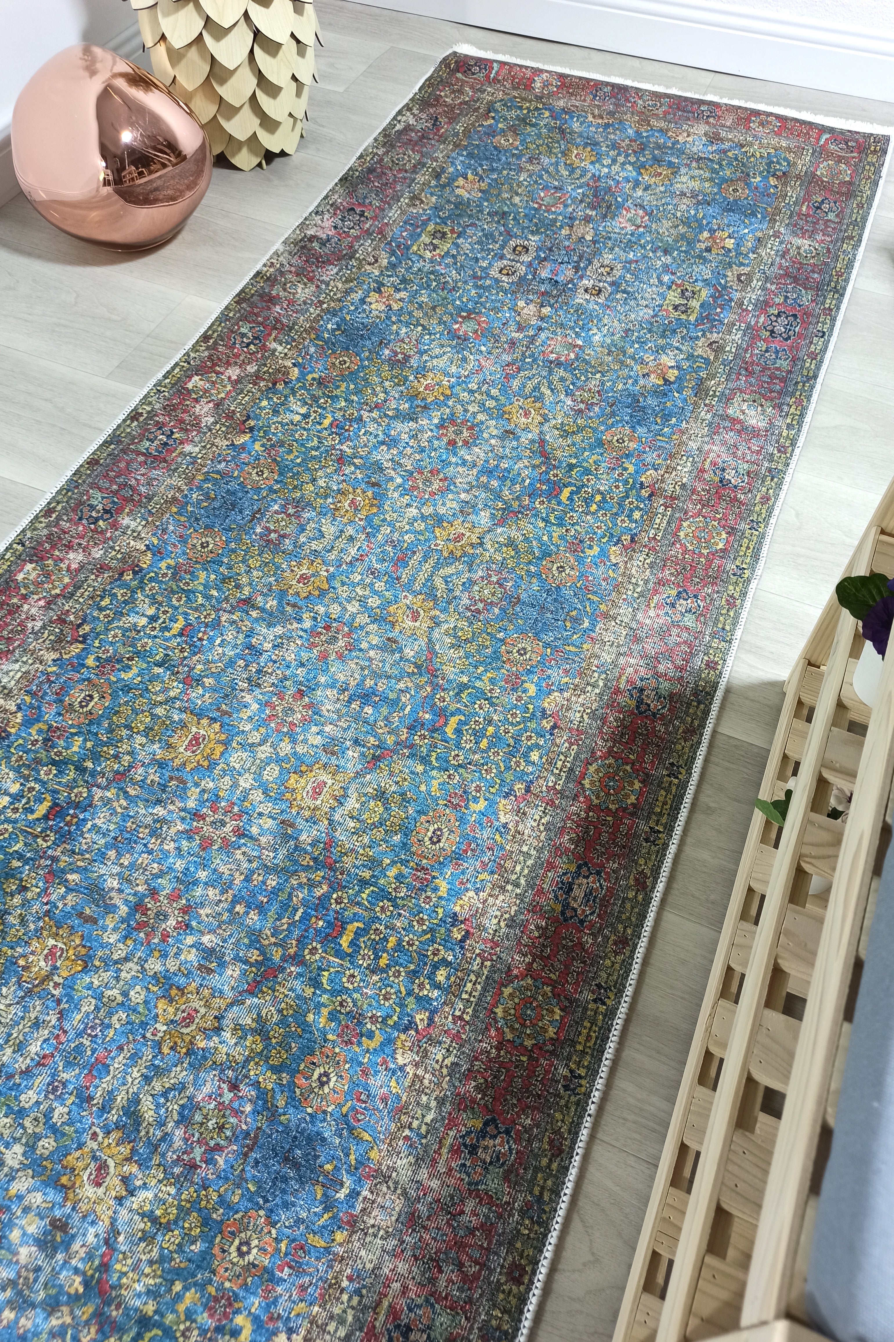 Turkish Oushak Rug, Blue & Red Vintage Rug.