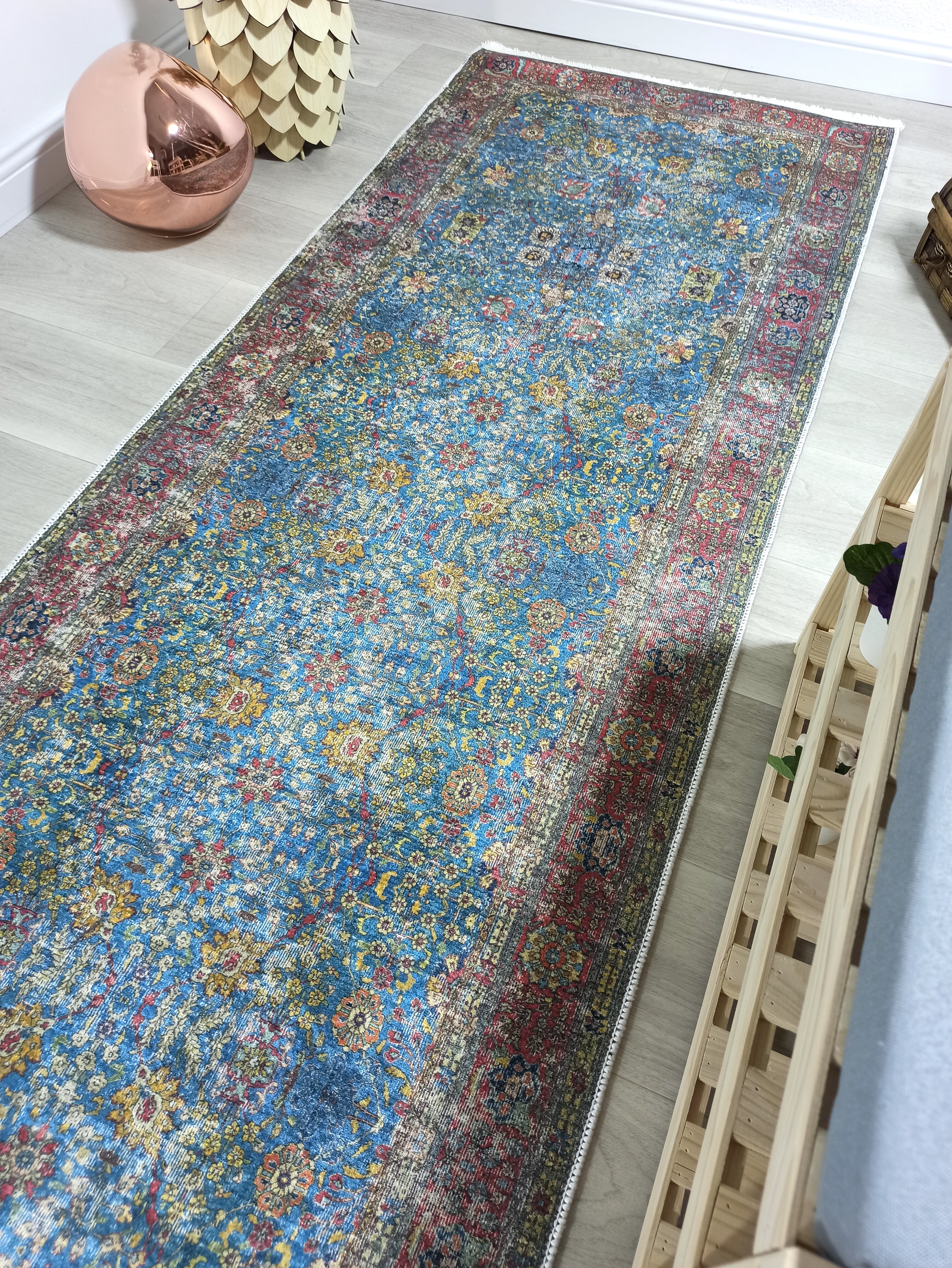 Turkish Oushak Rug, Blue & Red Vintage Rug.