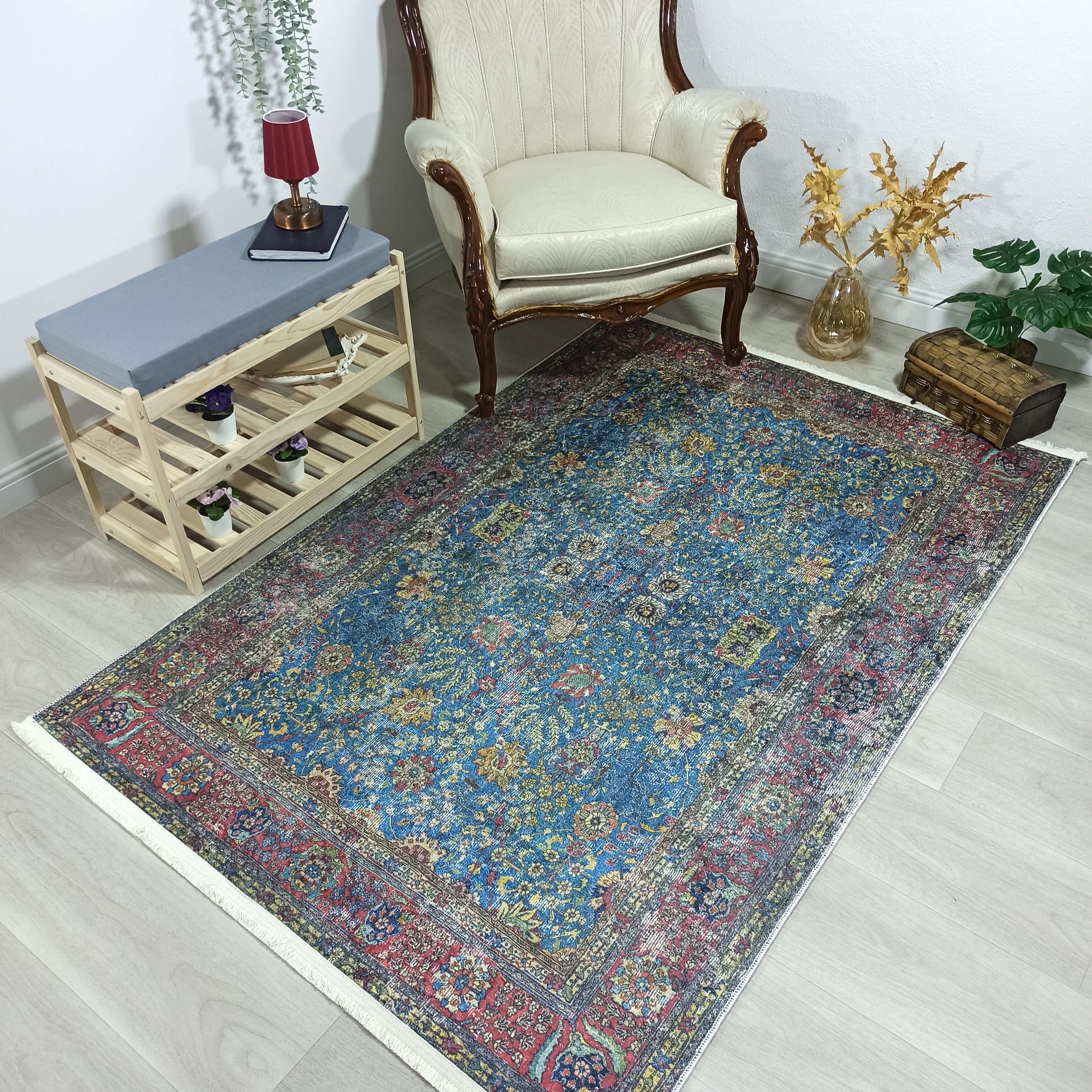 Turkish Oushak Rug, Blue & Red Vintage Rug.