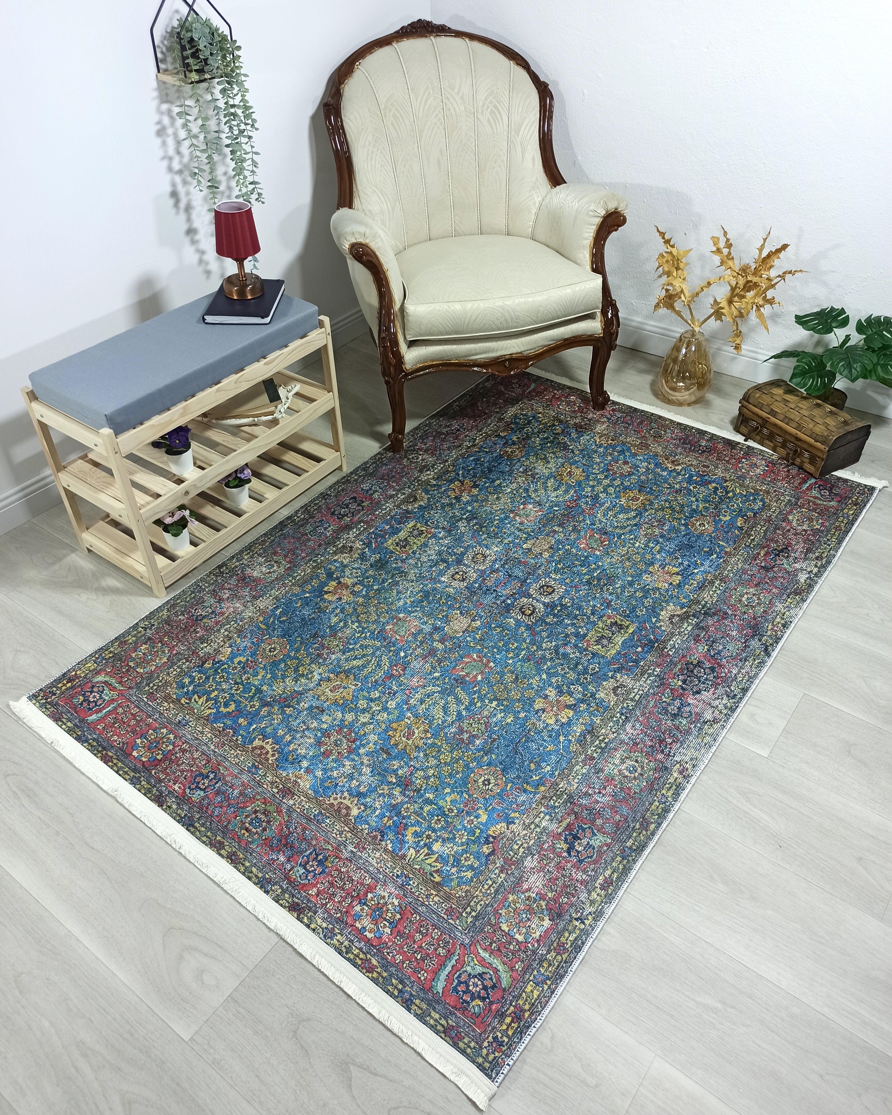 Turkish Oushak Rug, Blue & Red Vintage Rug.