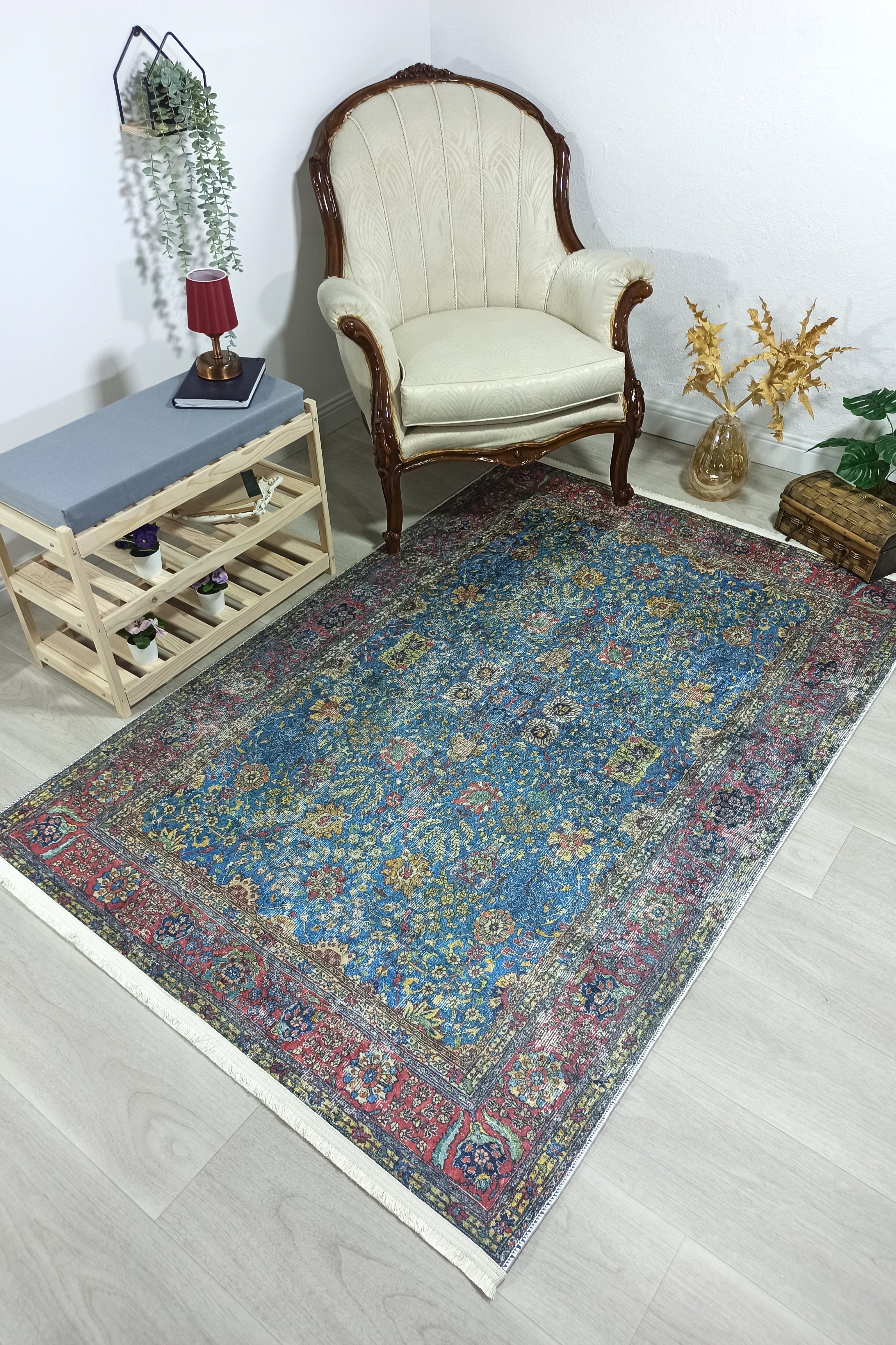 Turkish Oushak Rug, Blue & Red Vintage Rug.