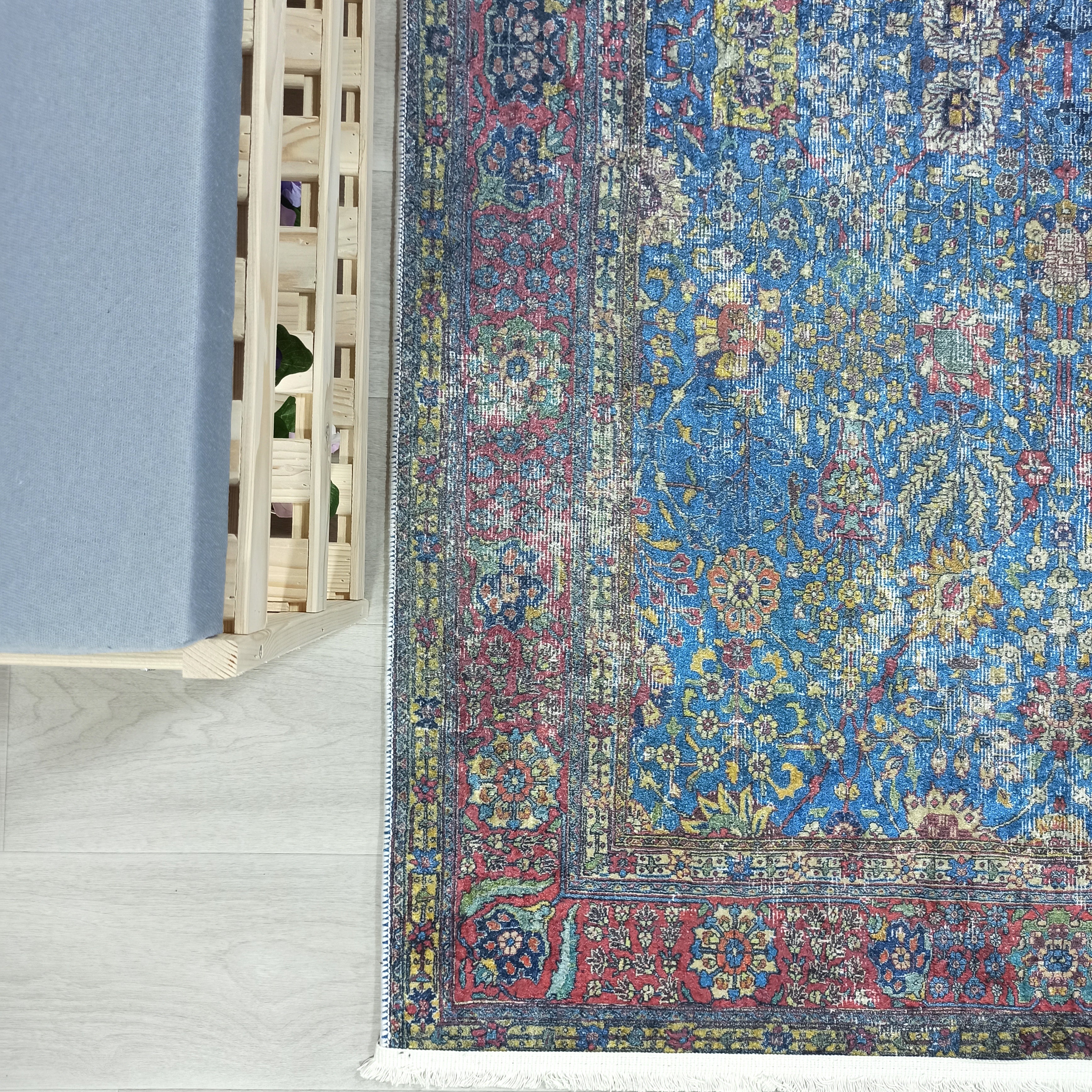 Turkish Oushak Rug, Blue & Red Vintage Rug.