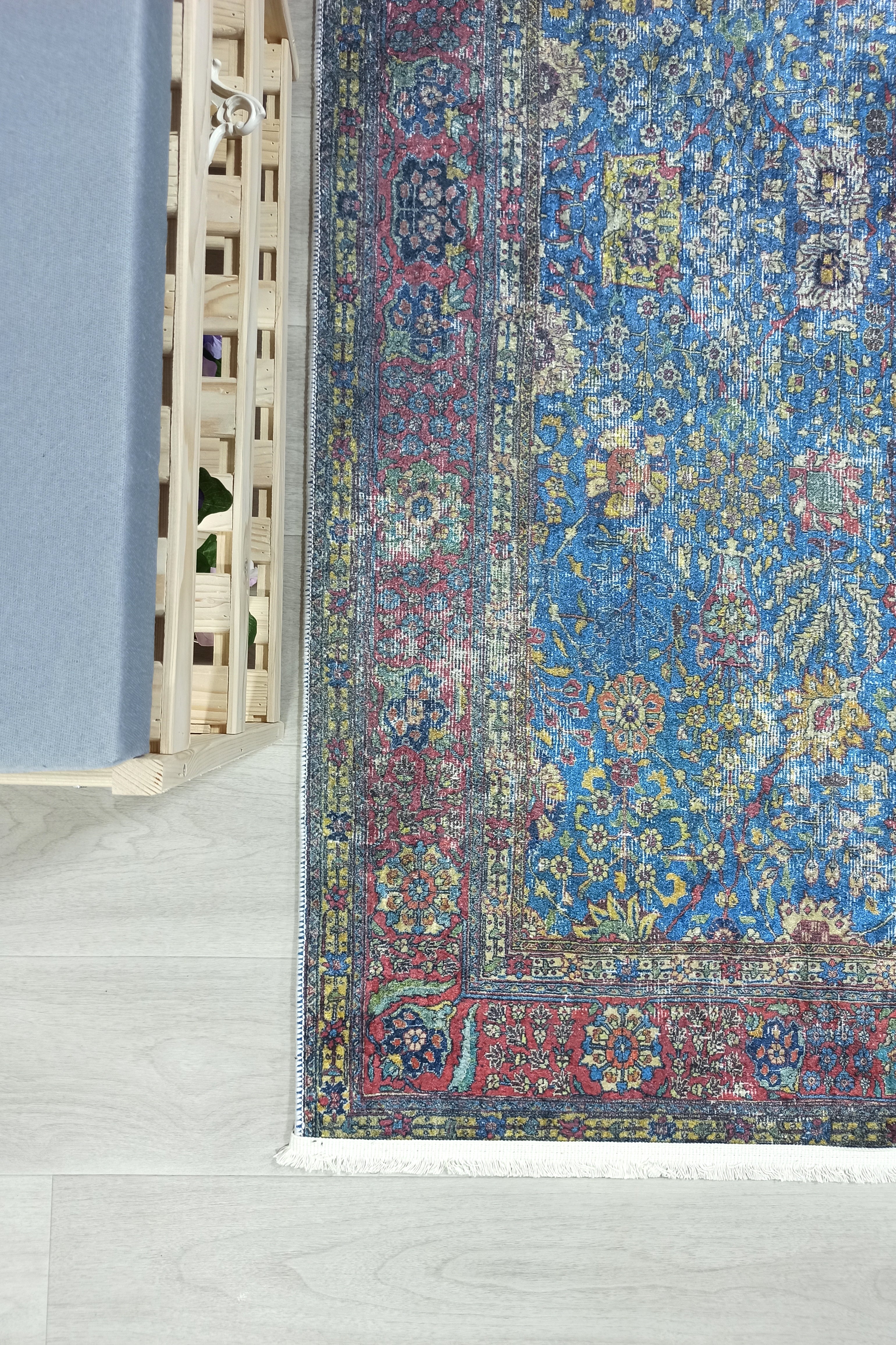 Turkish Oushak Rug, Blue & Red Vintage Rug.