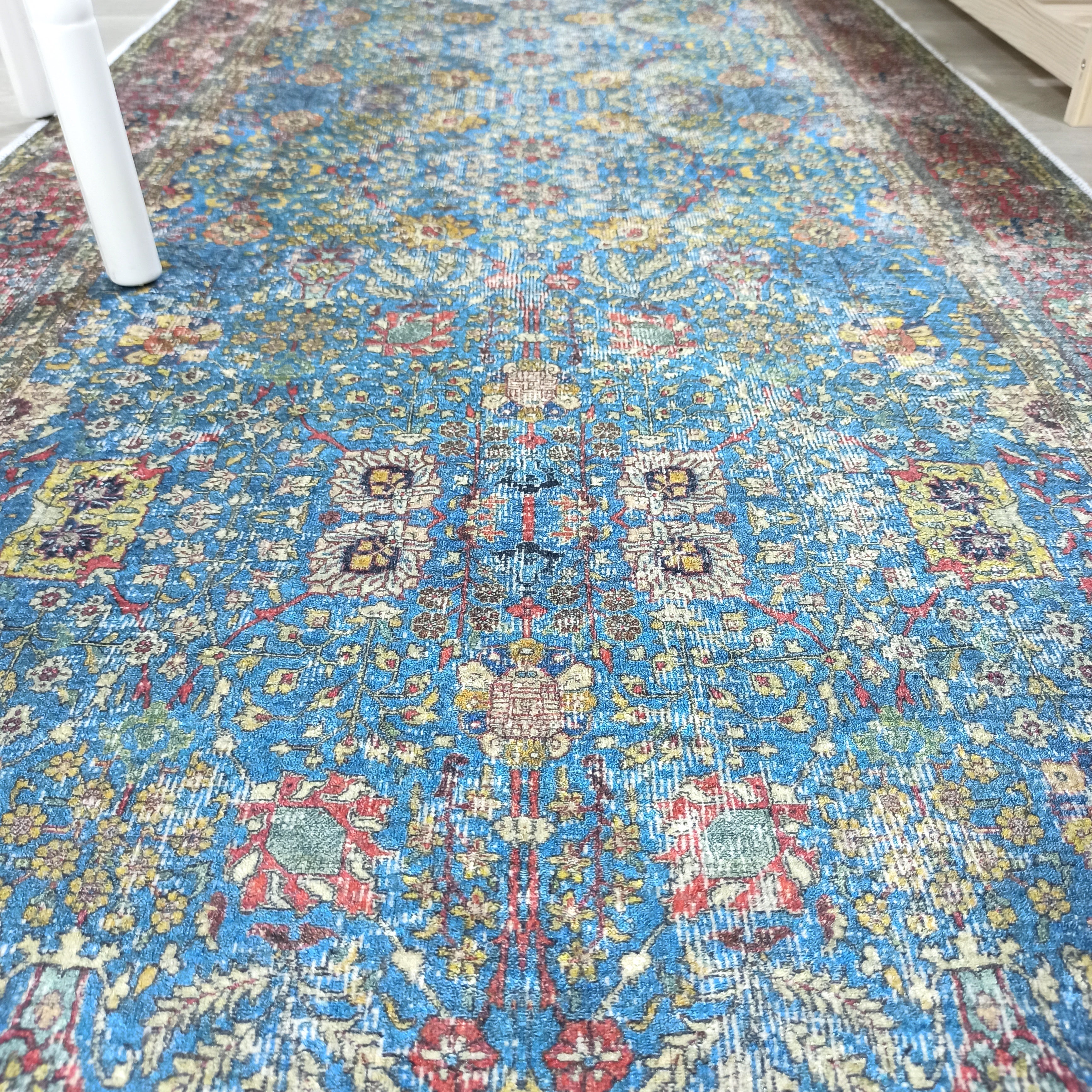 Turkish Oushak Rug, Blue & Red Vintage Rug.