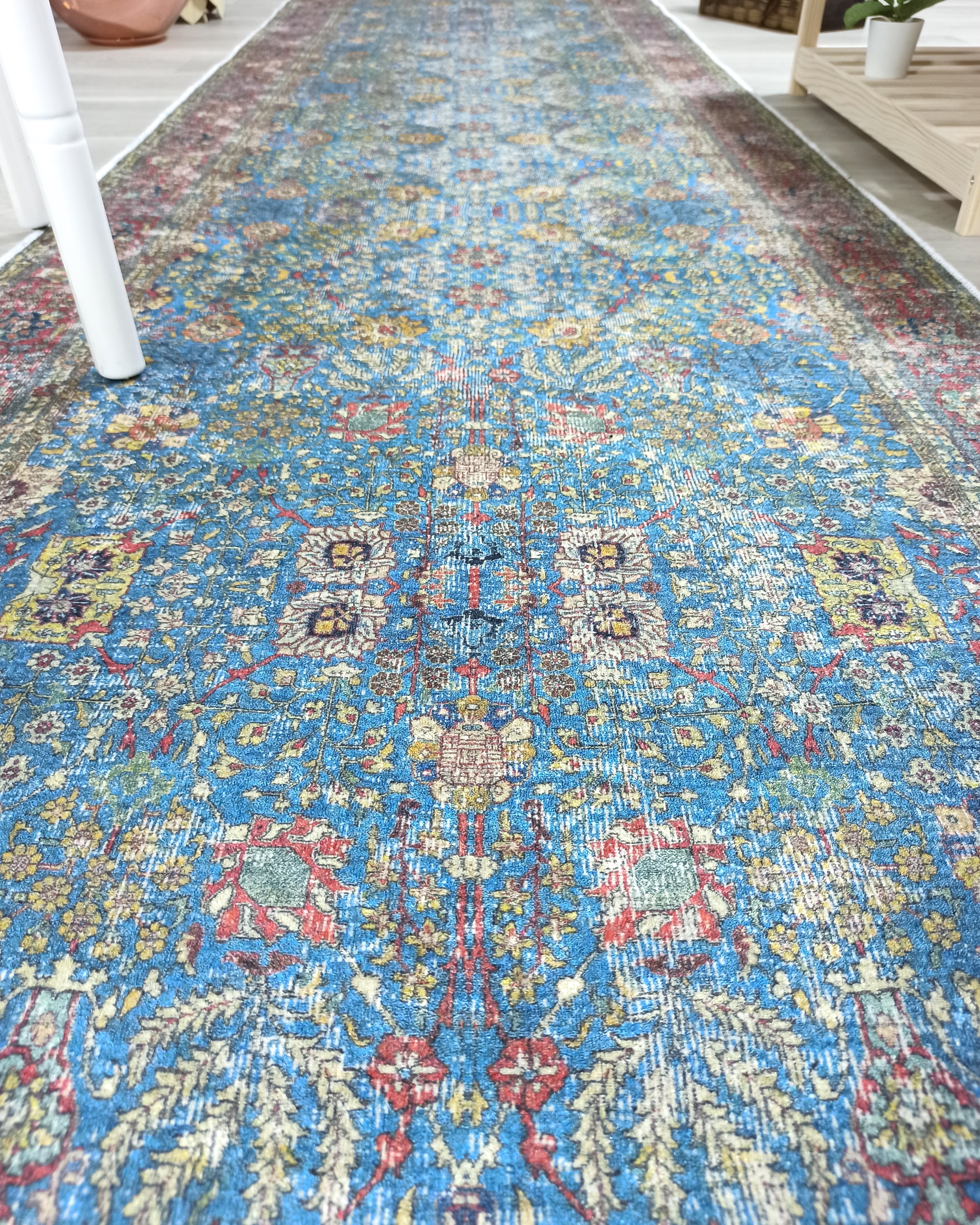 Turkish Oushak Rug, Blue & Red Vintage Rug.