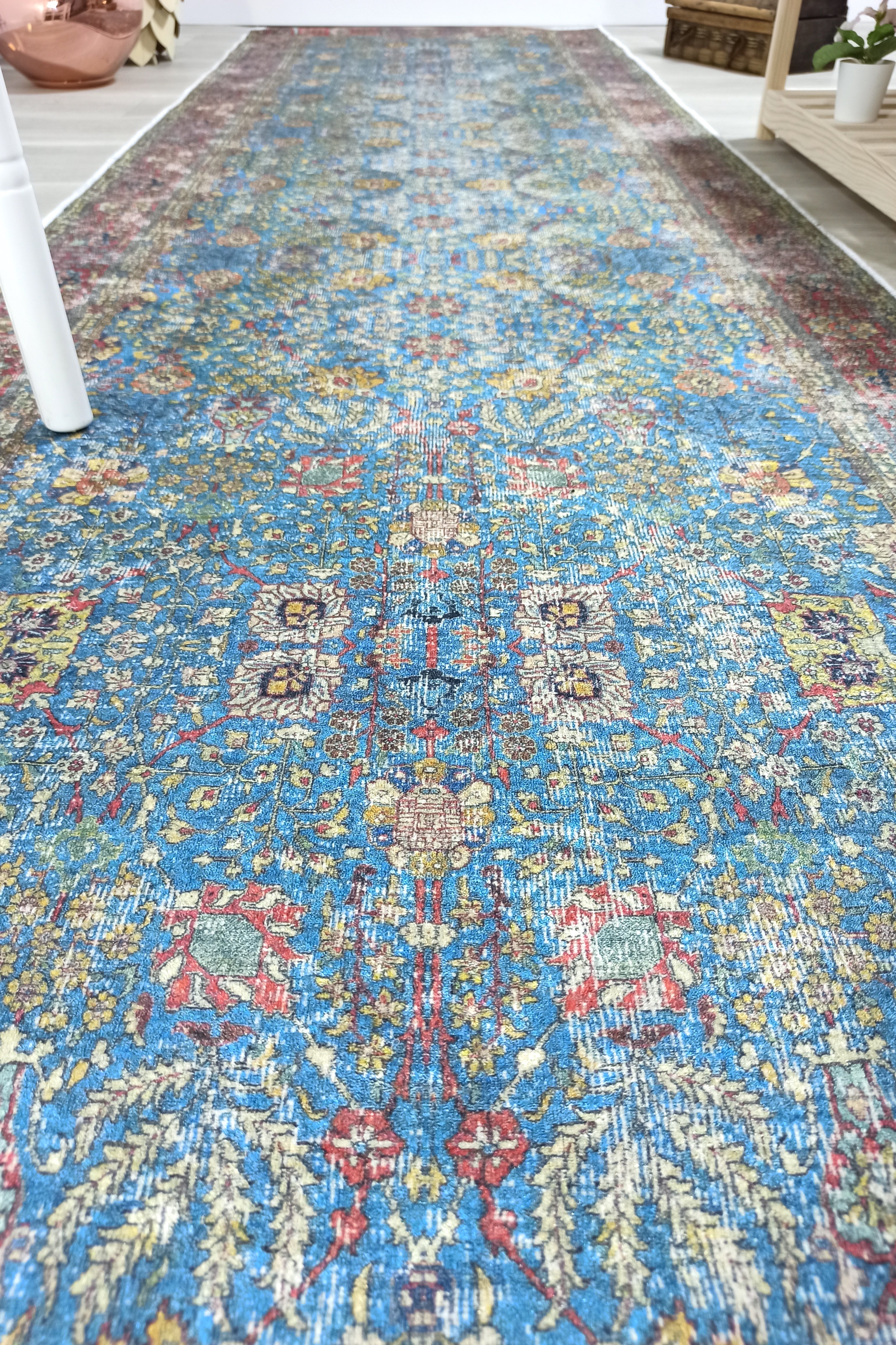 Turkish Oushak Rug, Blue & Red Vintage Rug.