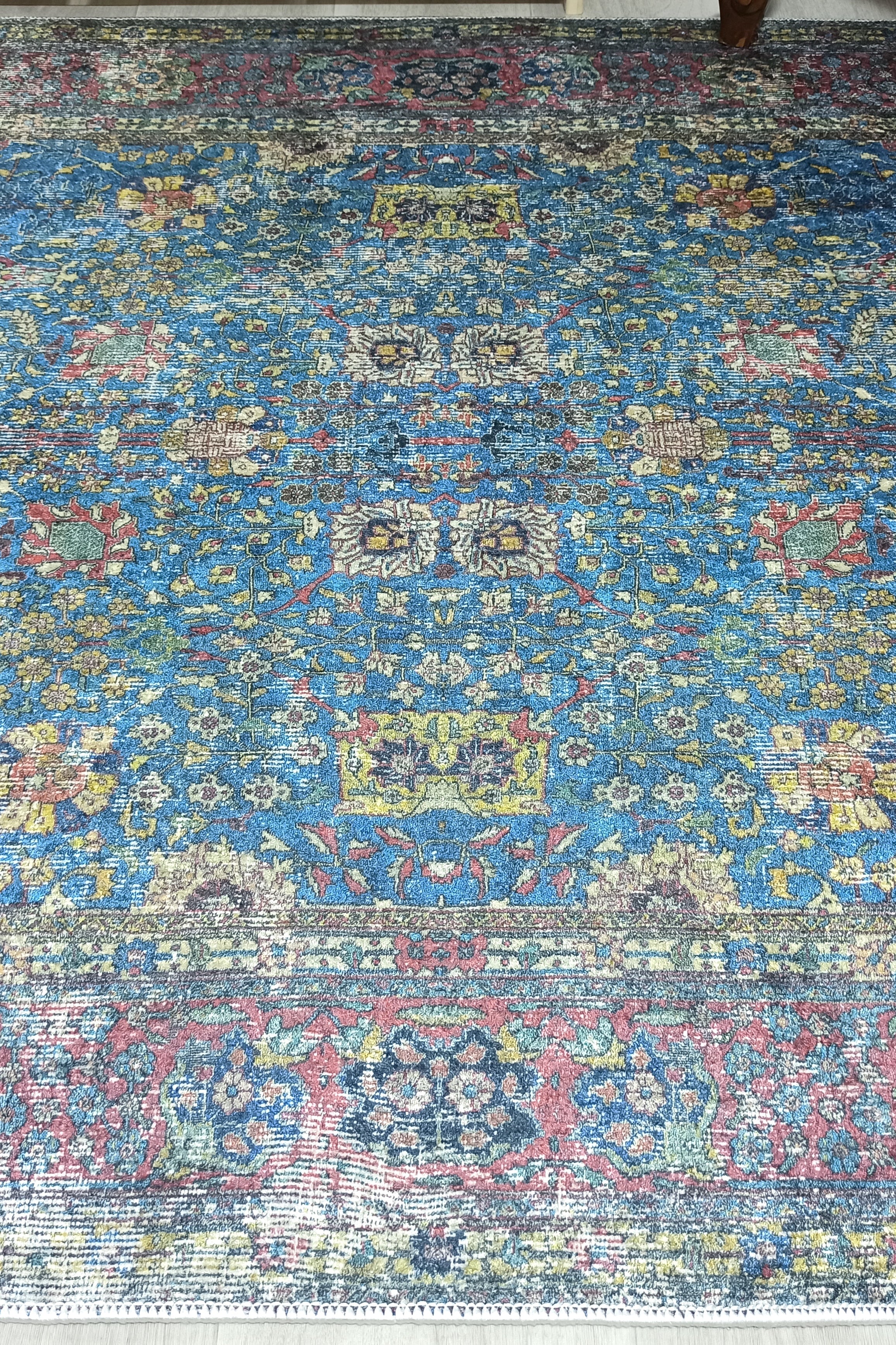 Turkish Oushak Rug, Blue & Red Vintage Rug.