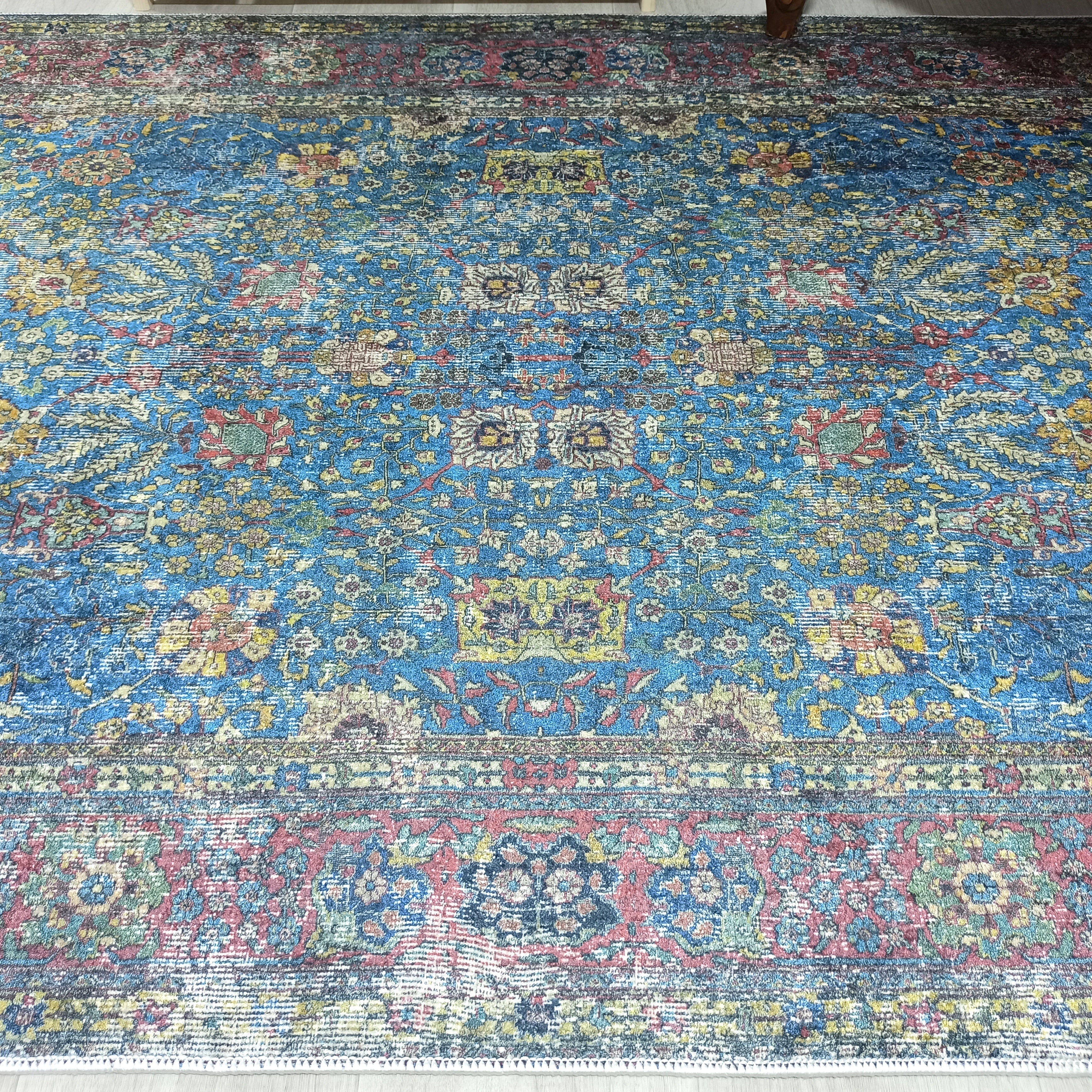 Turkish Oushak Rug, Blue & Red Vintage Rug.