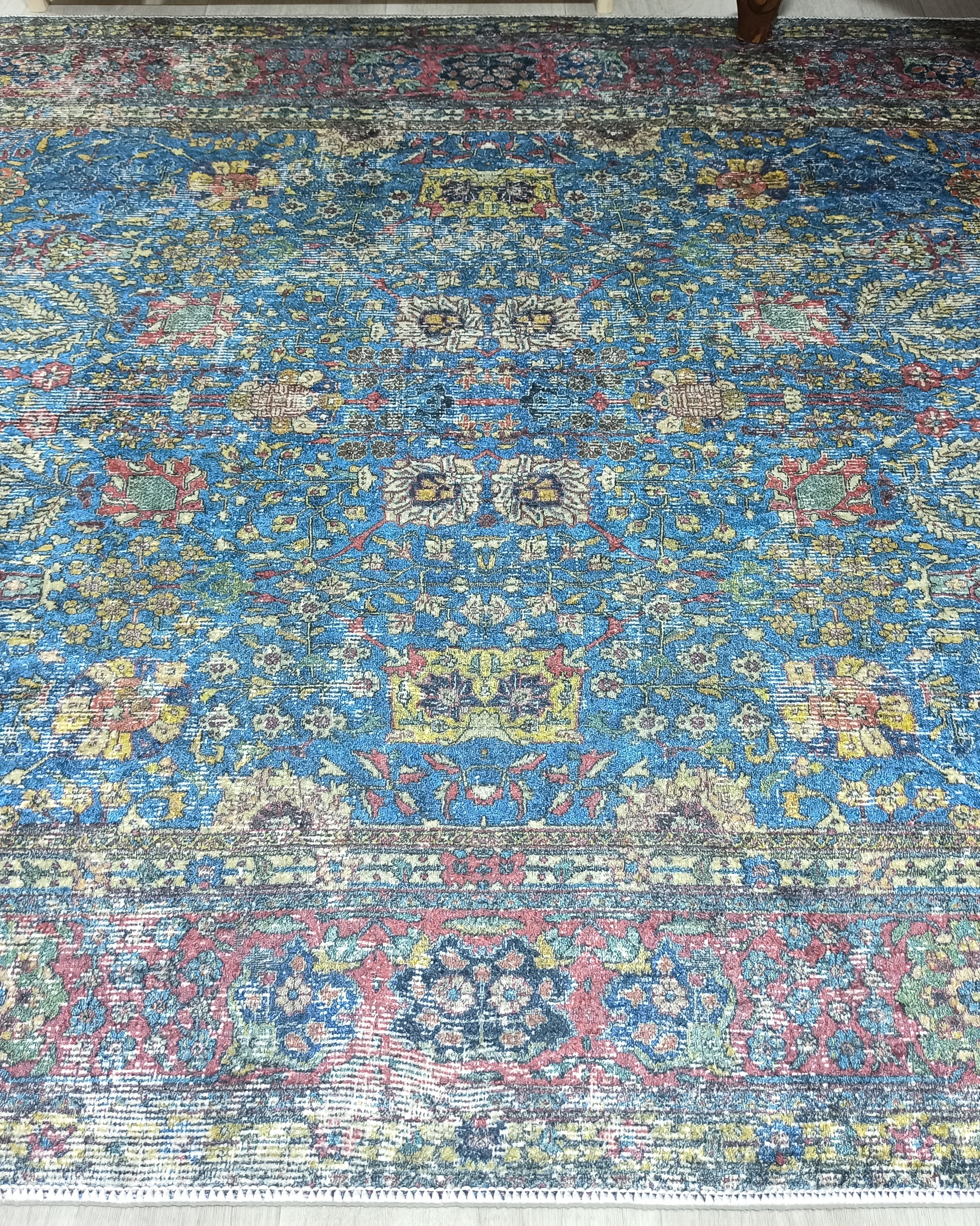 Turkish Oushak Rug, Blue & Red Vintage Rug.