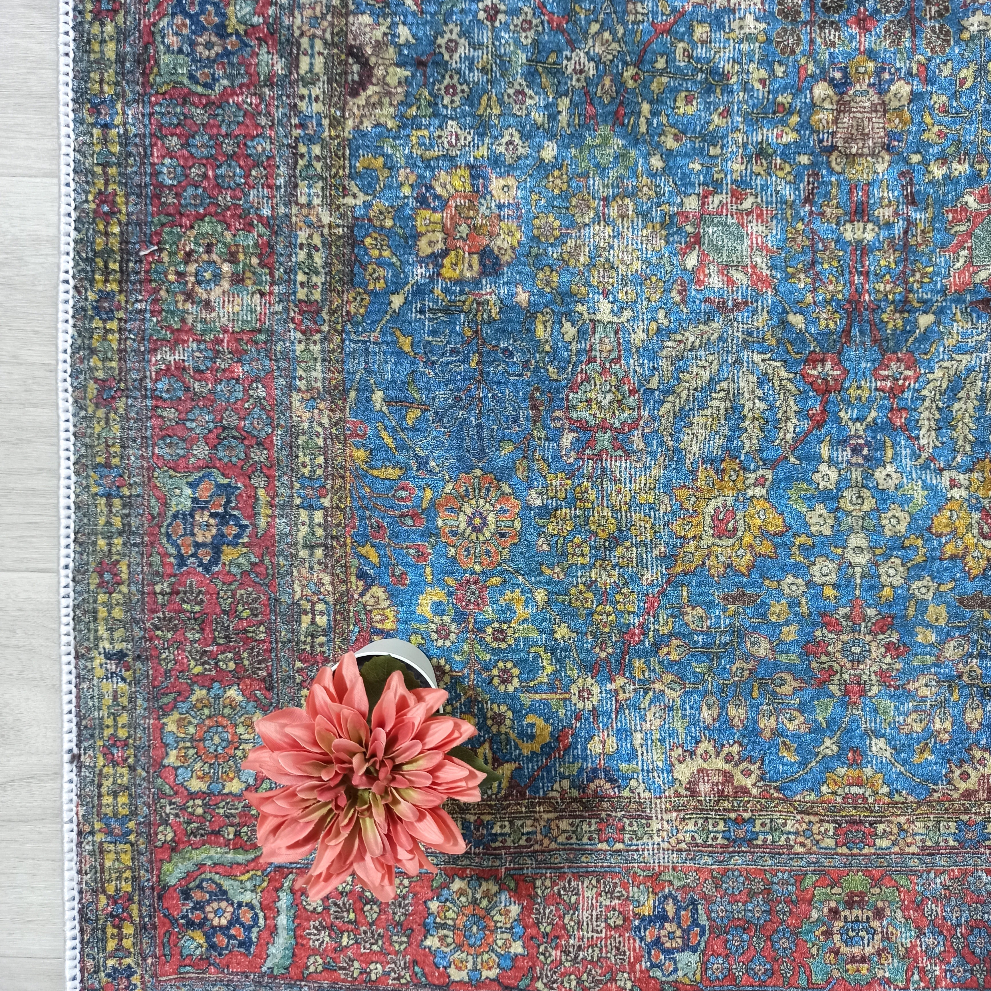 Turkish Oushak Rug, Blue & Red Vintage Rug.