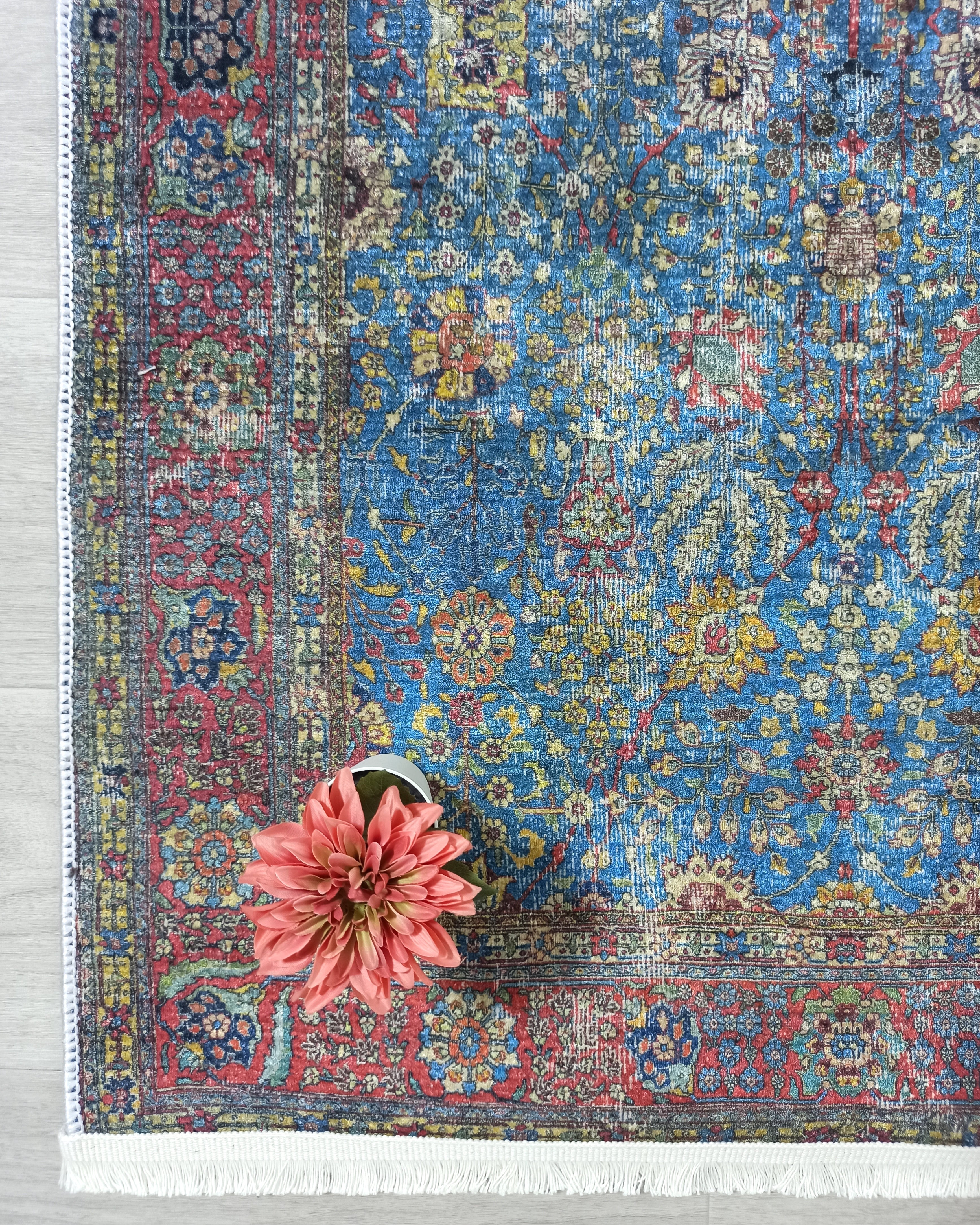 Turkish Oushak Rug, Blue & Red Vintage Rug.