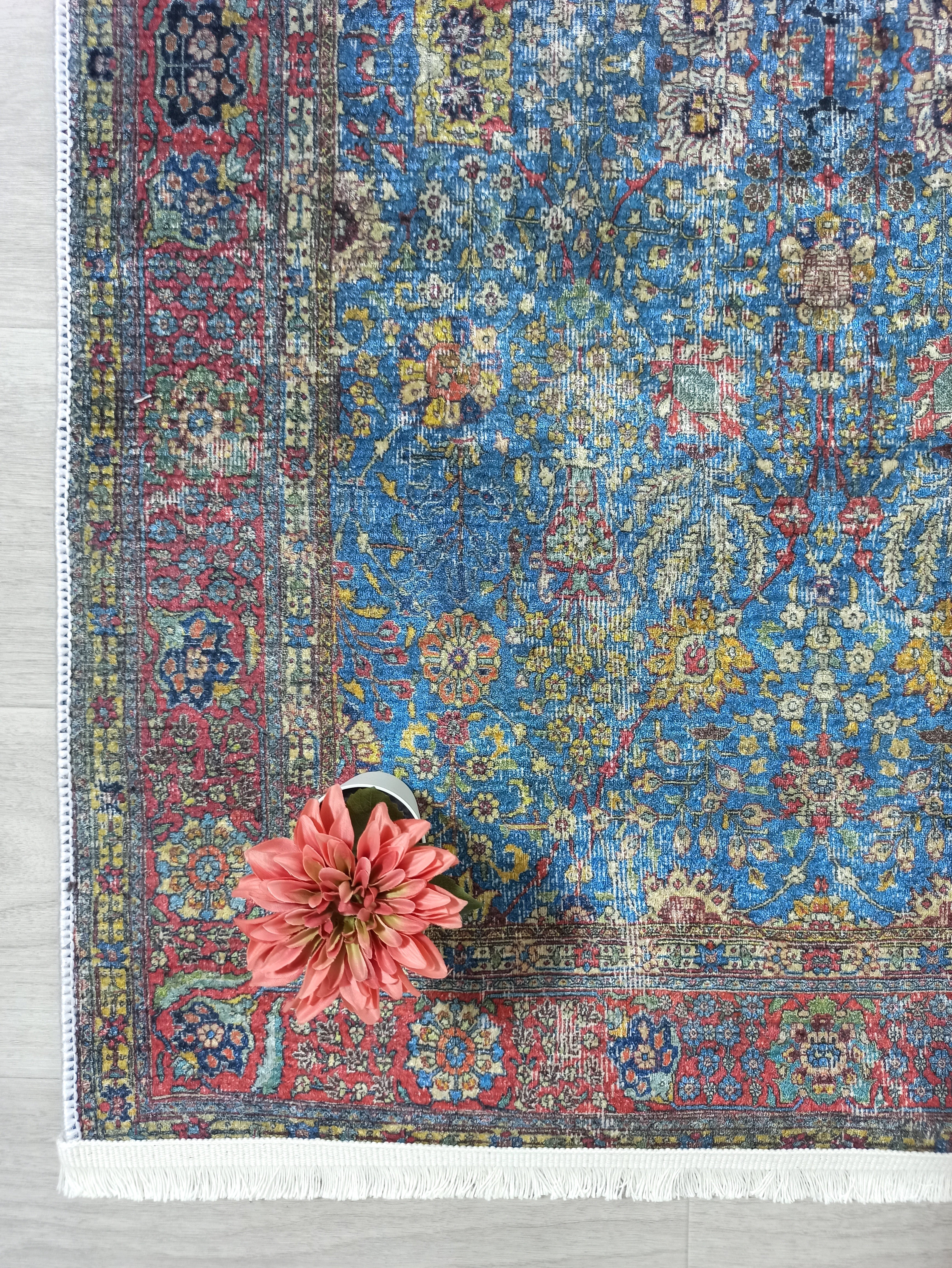 Turkish Oushak Rug, Blue & Red Vintage Rug.
