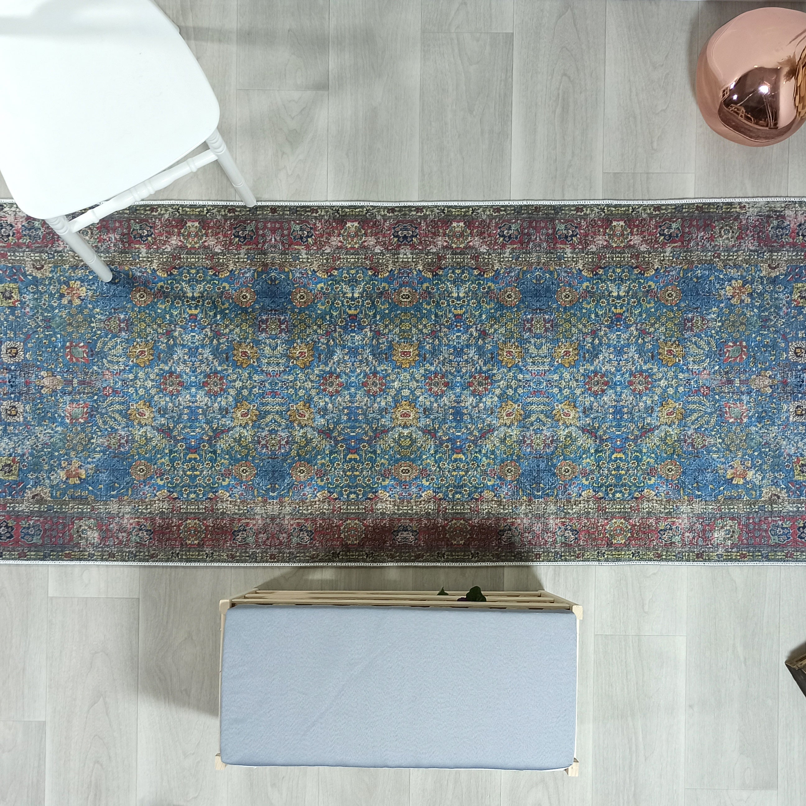 Turkish Oushak Rug, Blue & Red Vintage Rug.