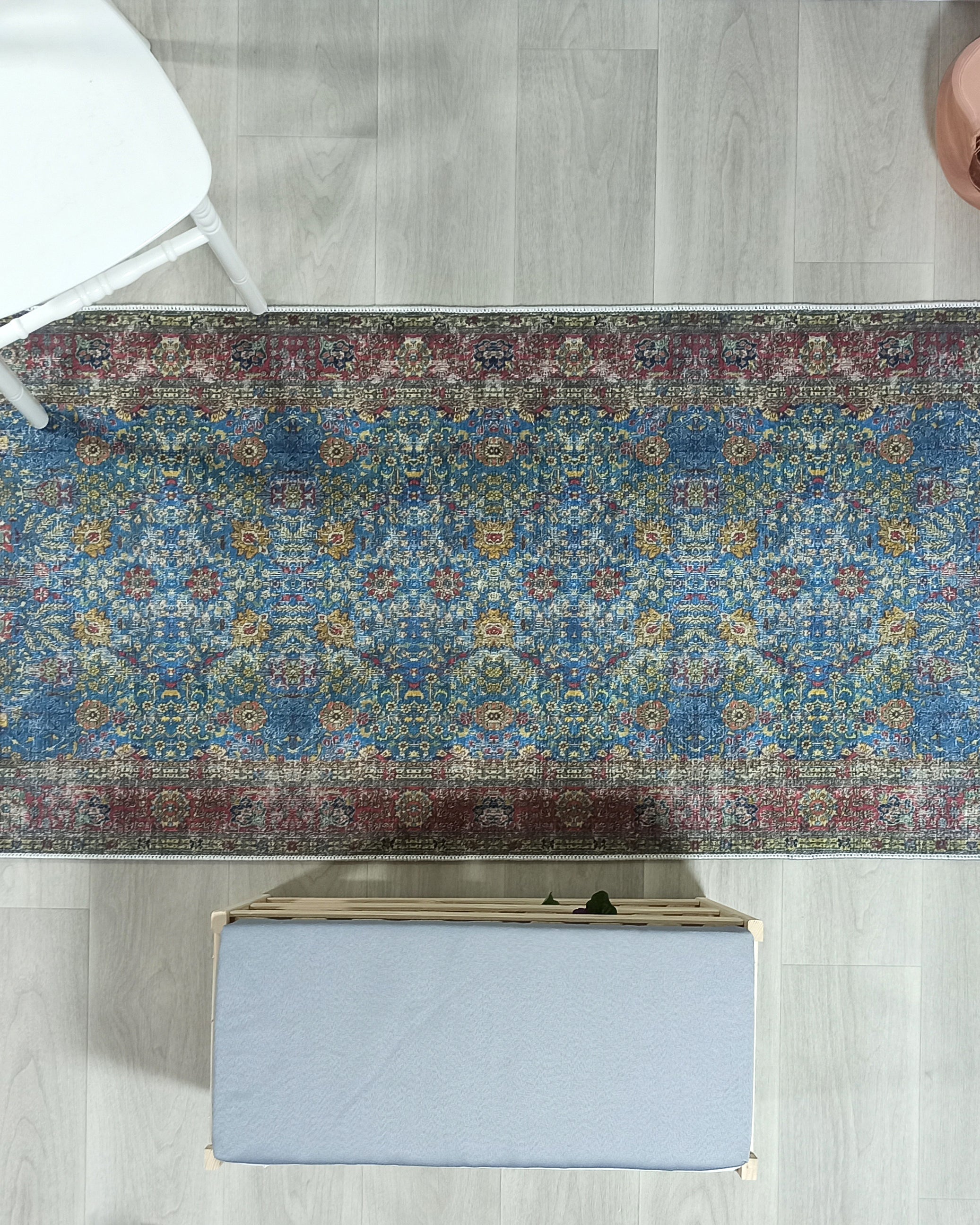 Turkish Oushak Rug, Blue & Red Vintage Rug.