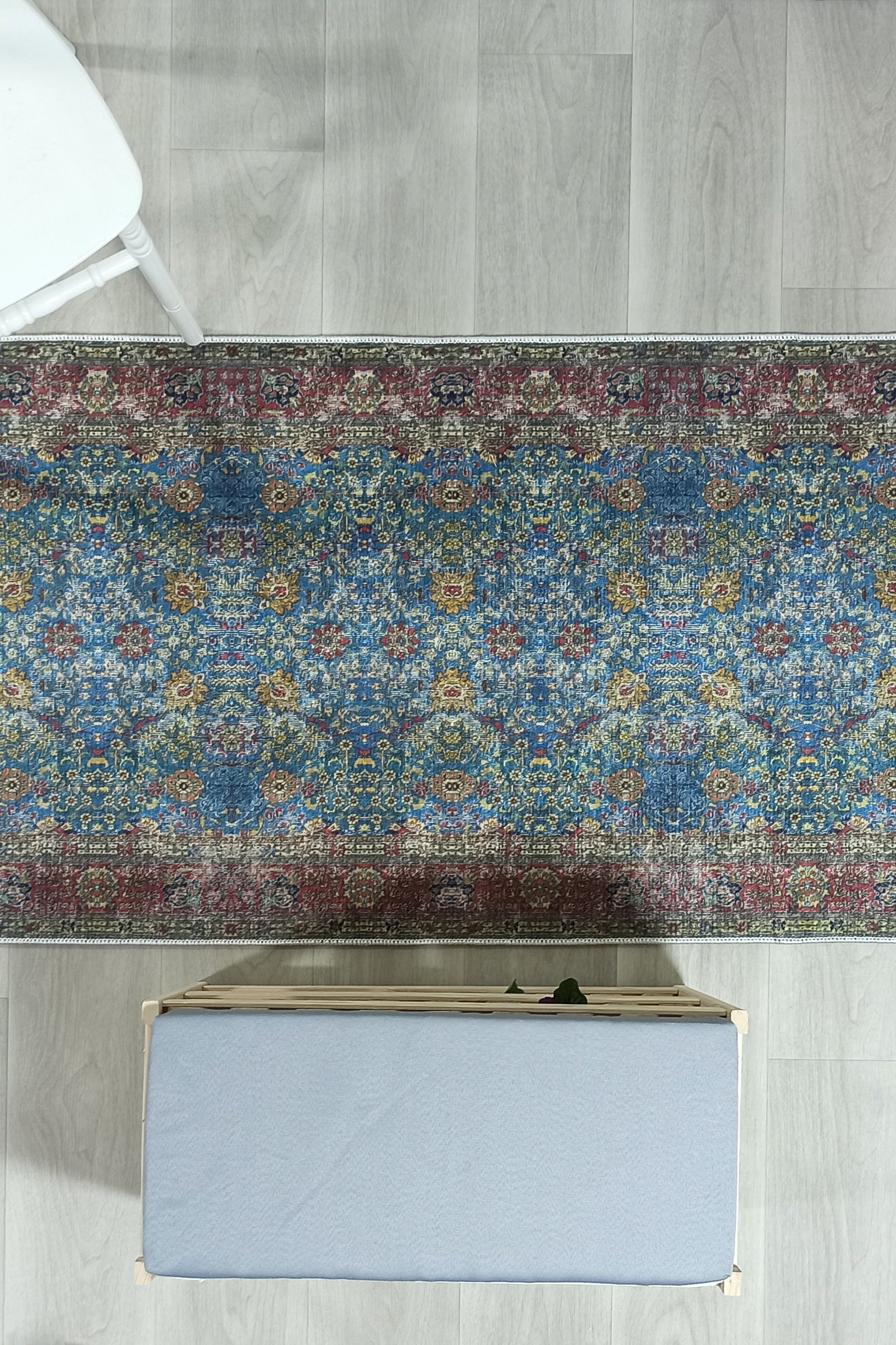 Turkish Oushak Rug, Blue & Red Vintage Rug.