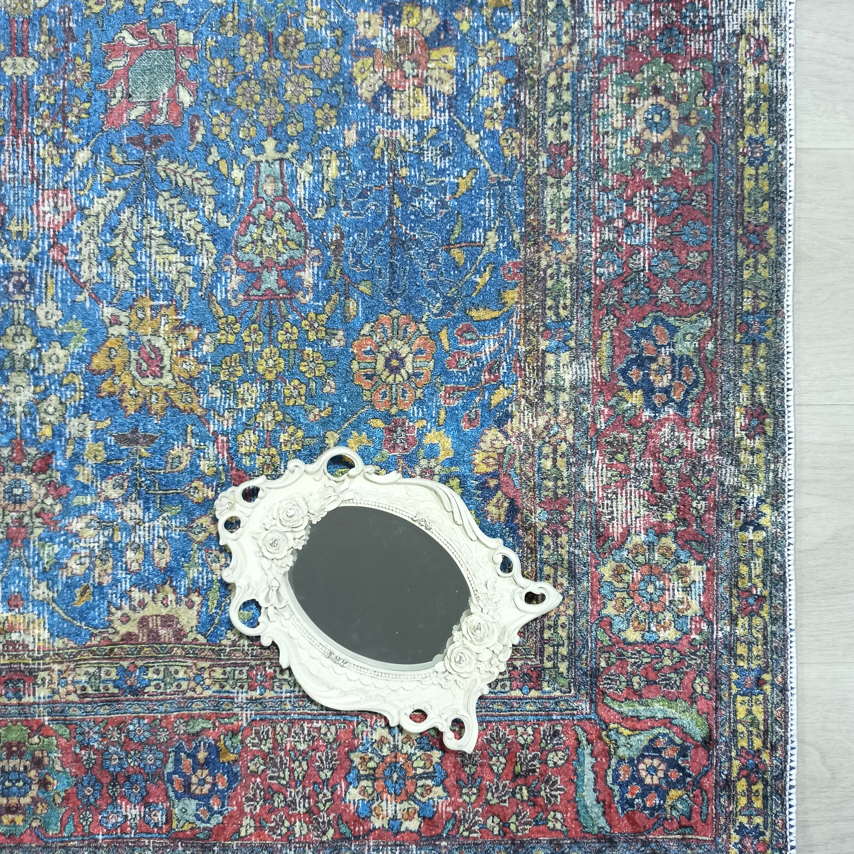 Turkish Oushak Rug, Blue & Red Vintage Rug.