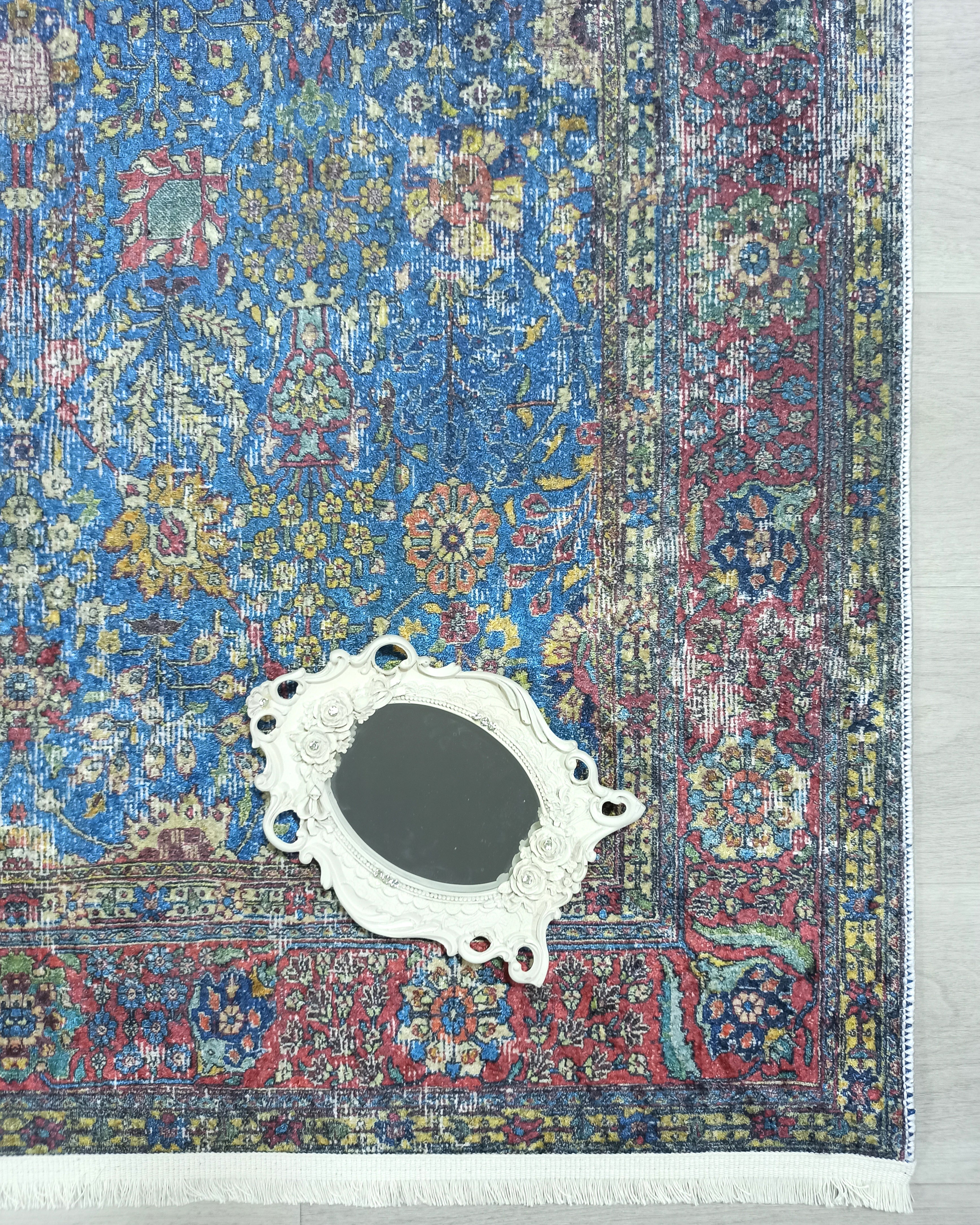 Turkish Oushak Rug, Blue & Red Vintage Rug.