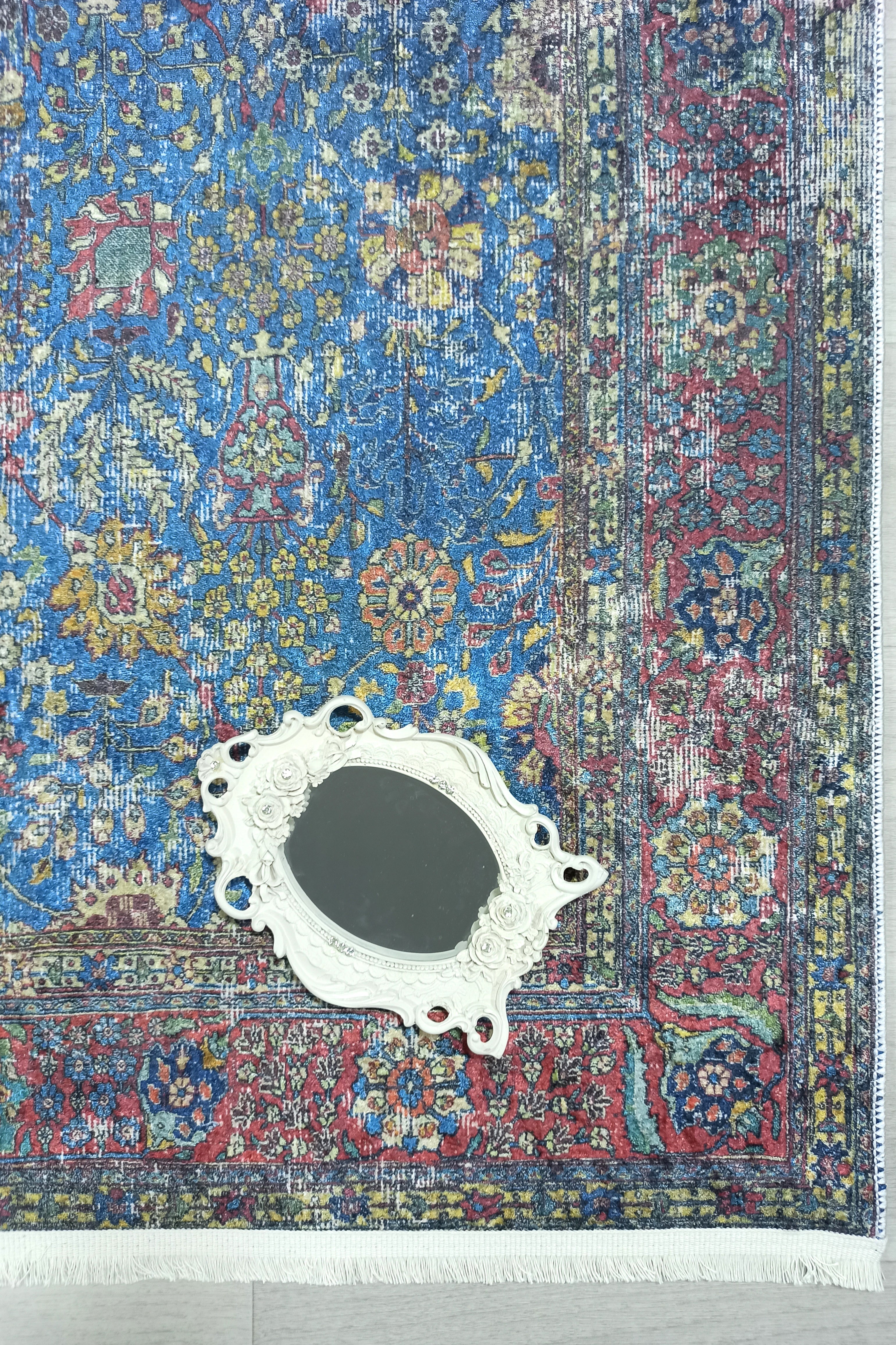 Turkish Oushak Rug, Blue & Red Vintage Rug.