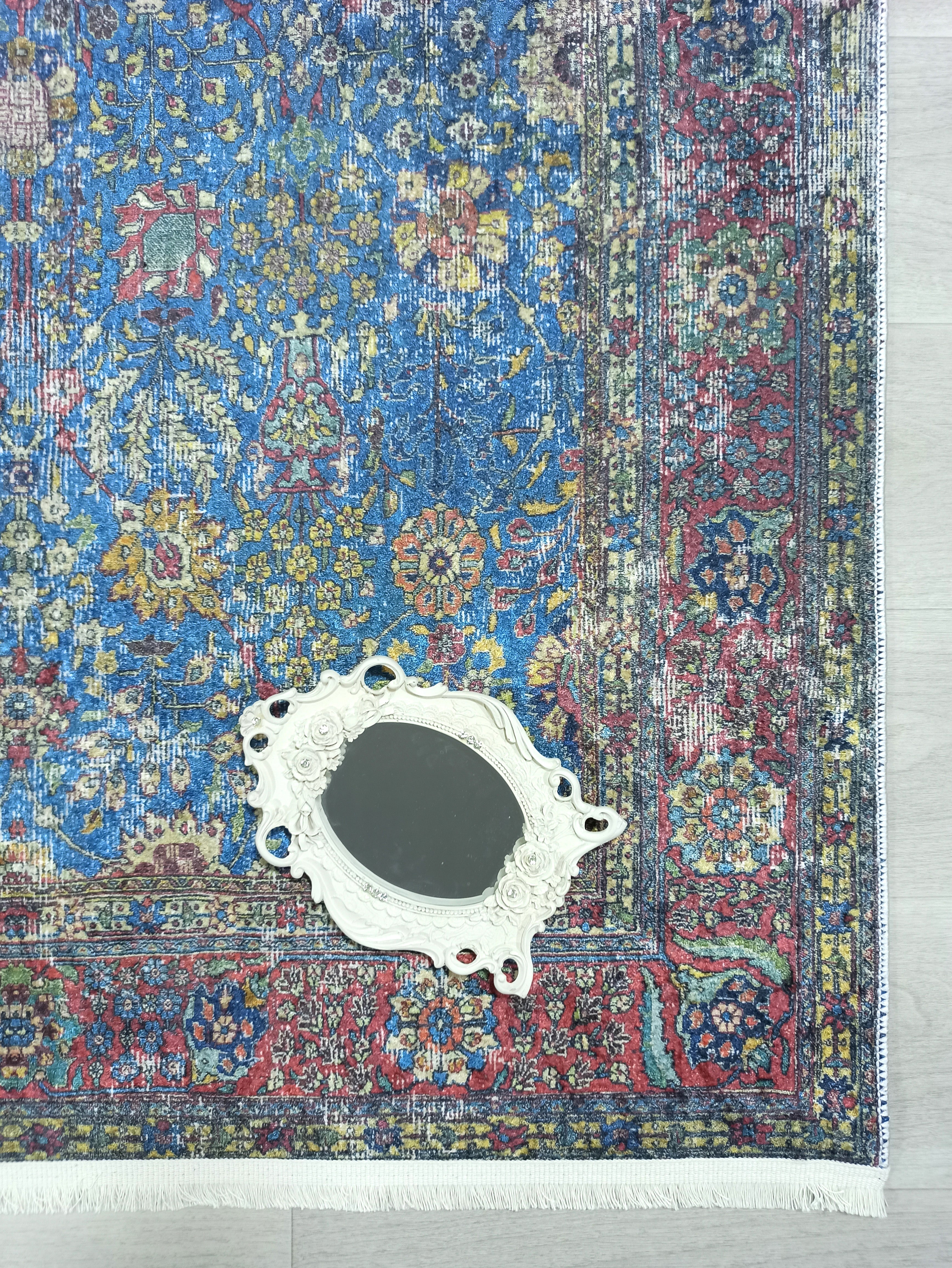 Turkish Oushak Rug, Blue & Red Vintage Rug.