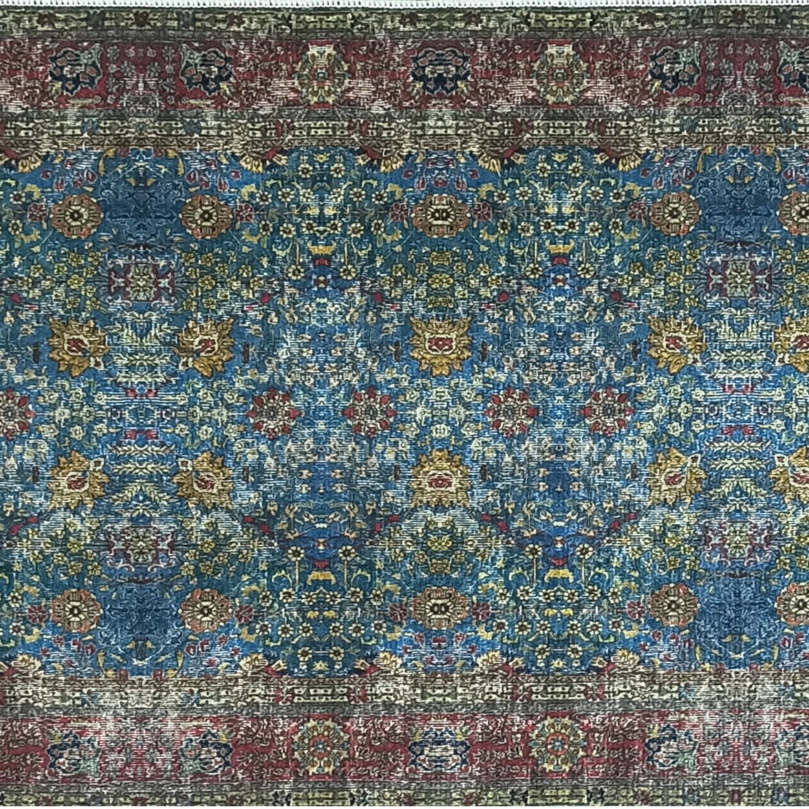 Turkish Oushak Rug, Blue & Red Vintage Rug.