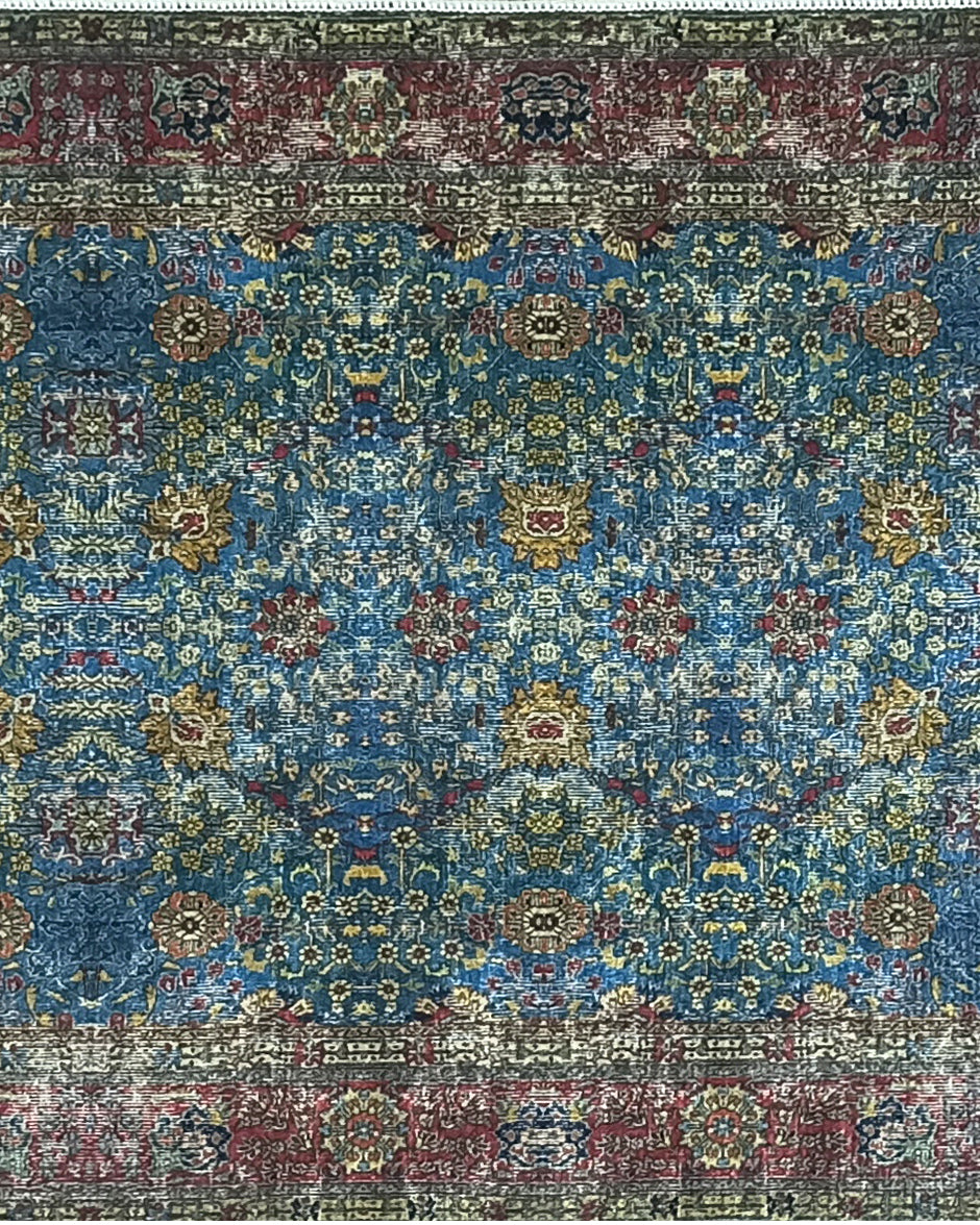 Turkish Oushak Rug, Blue & Red Vintage Rug.