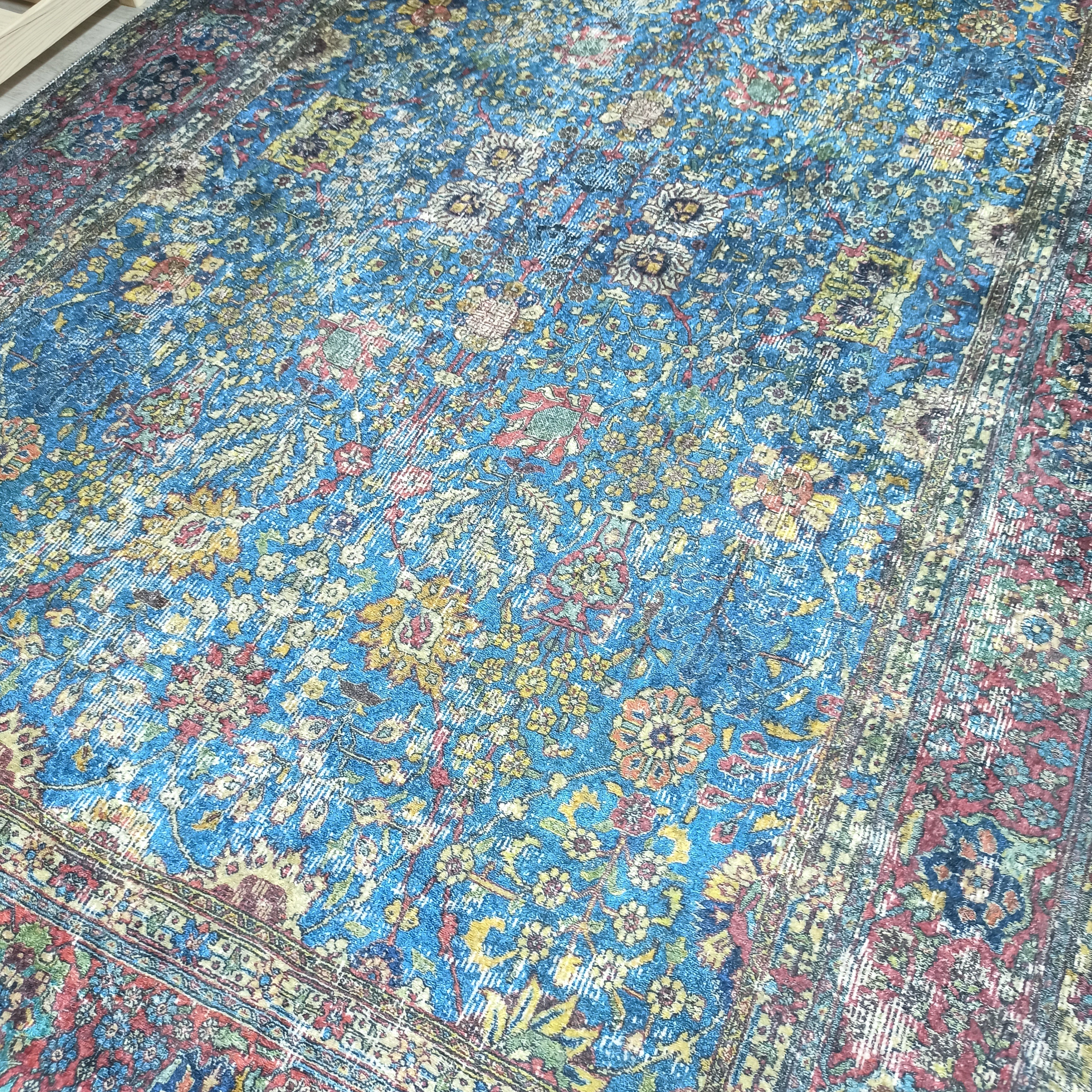 Turkish Oushak Rug, Blue & Red Vintage Rug.