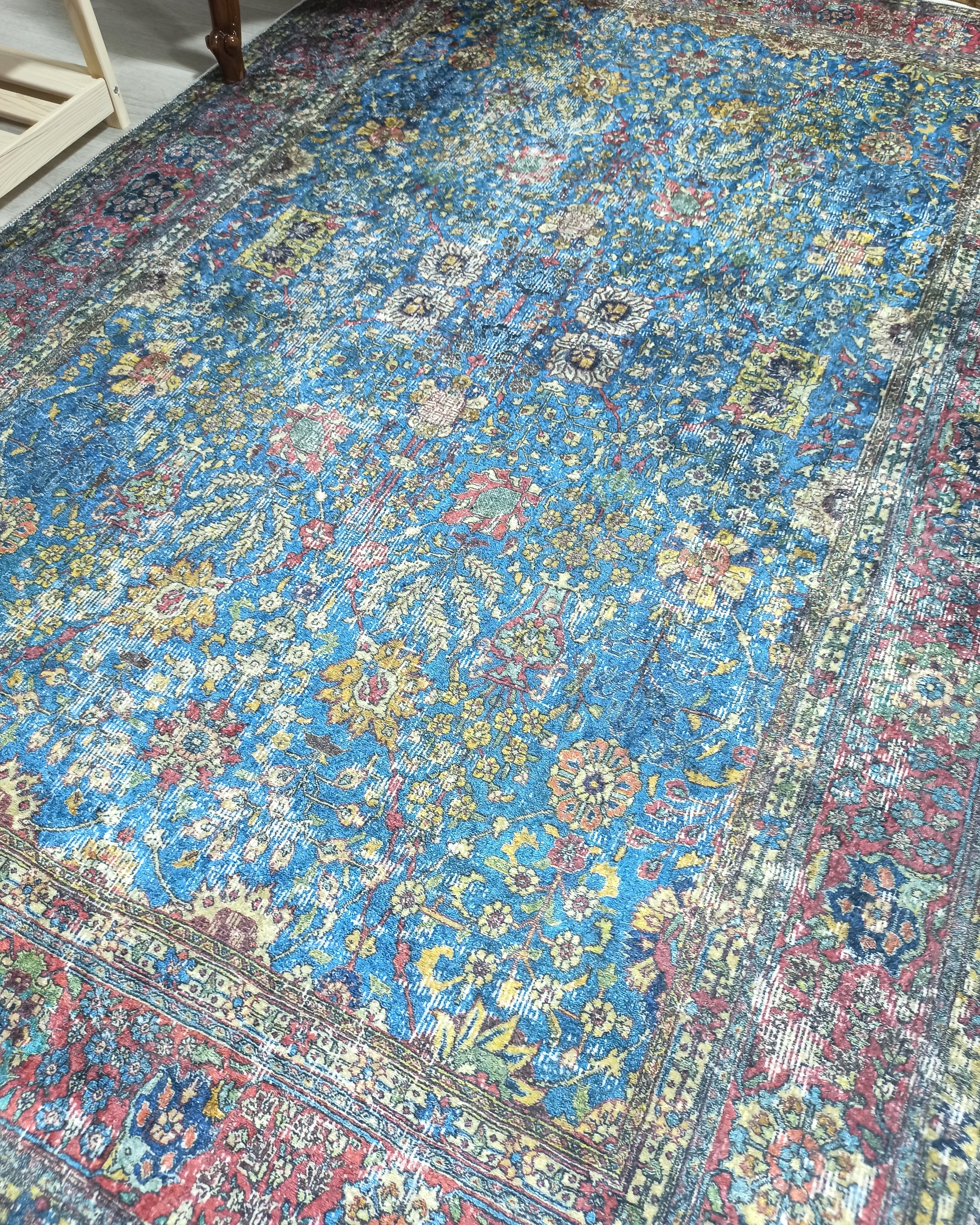 Turkish Oushak Rug, Blue & Red Vintage Rug.