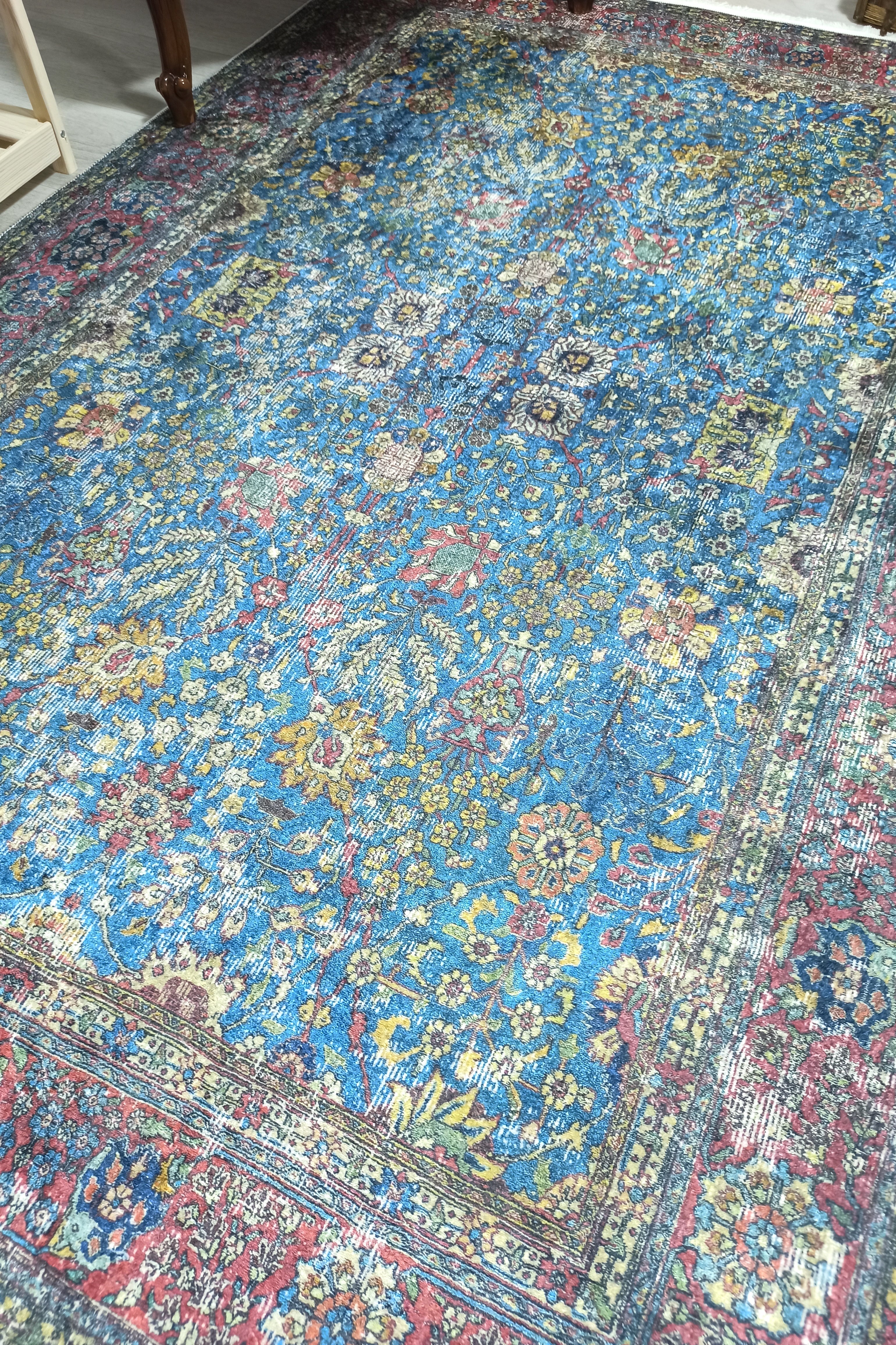 Turkish Oushak Rug, Blue & Red Vintage Rug.