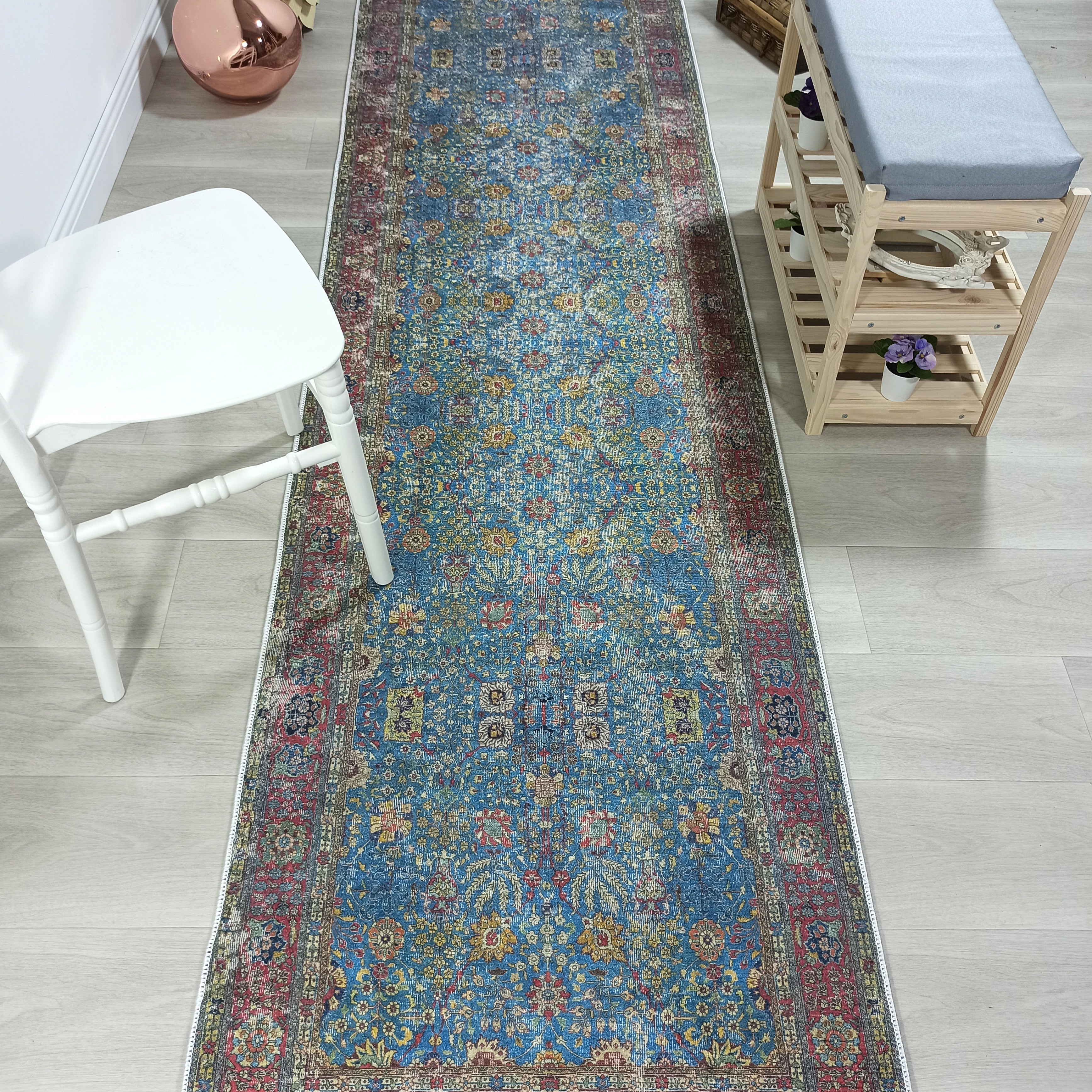 Turkish Oushak Rug, Blue & Red Vintage Rug.