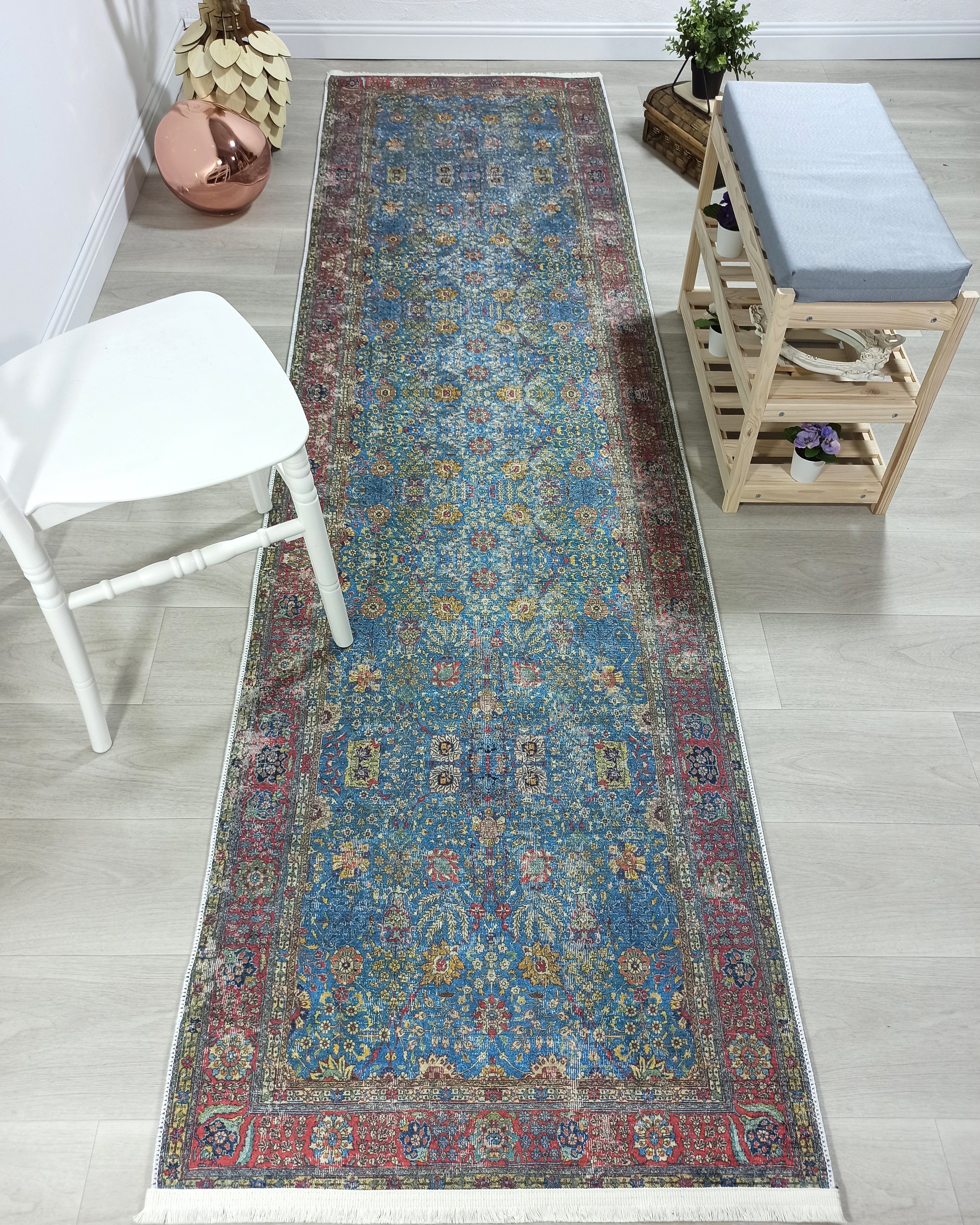 Turkish Oushak Rug, Blue & Red Vintage Rug.