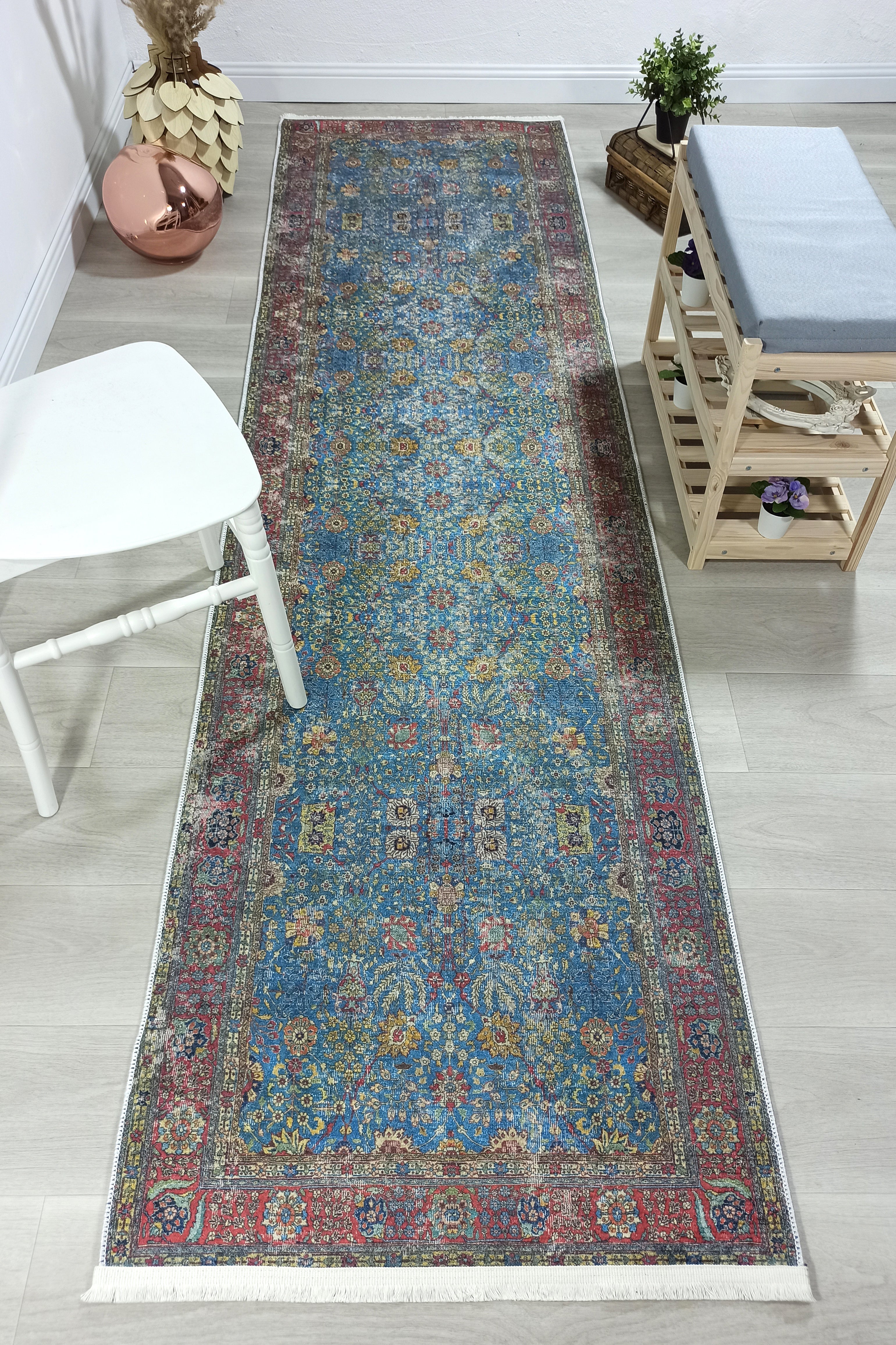 Turkish Oushak Rug, Blue & Red Vintage Rug.