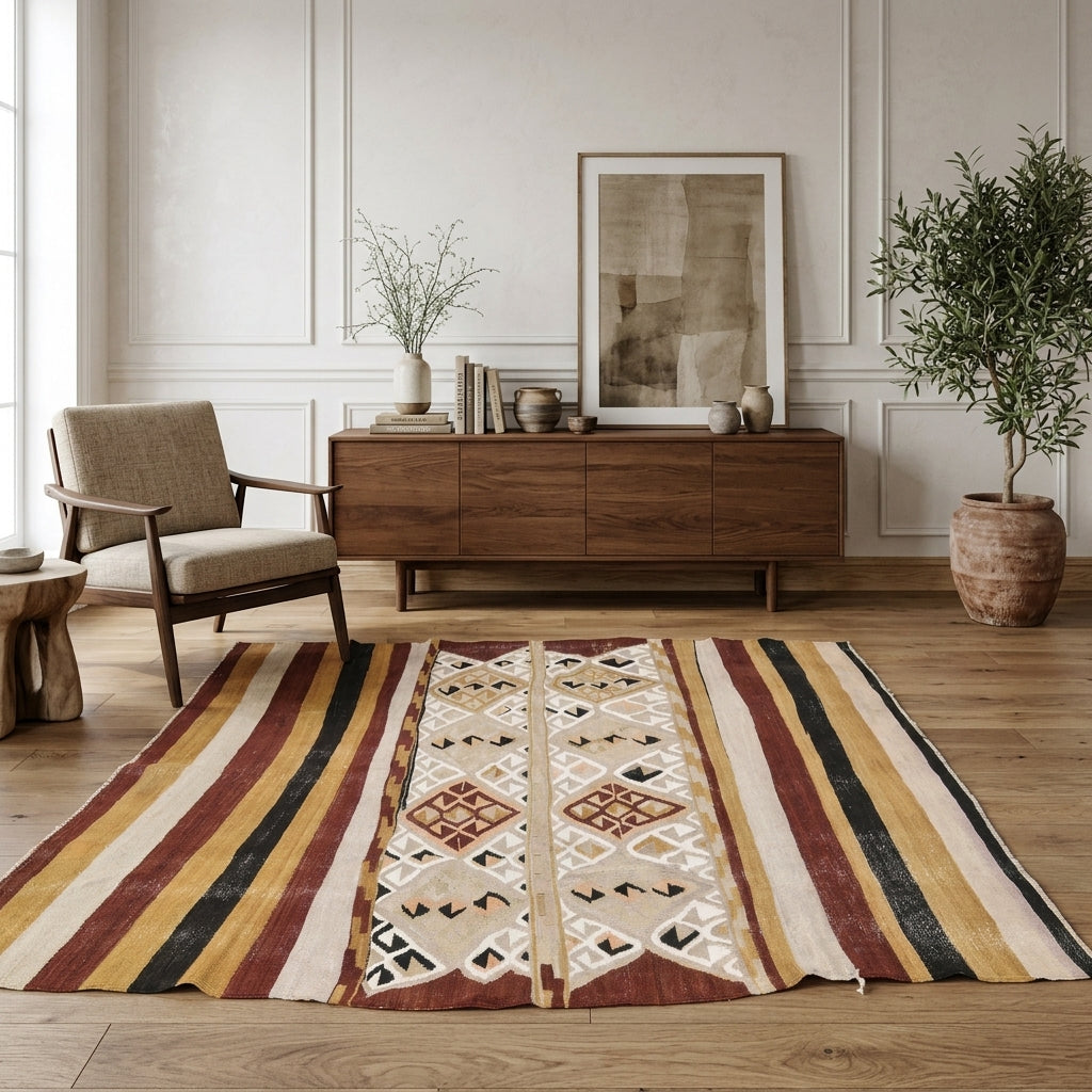 Striped pattern on the Kalonaia vintage kilim rug – handwoven flatweave in Anatolia, Turkey