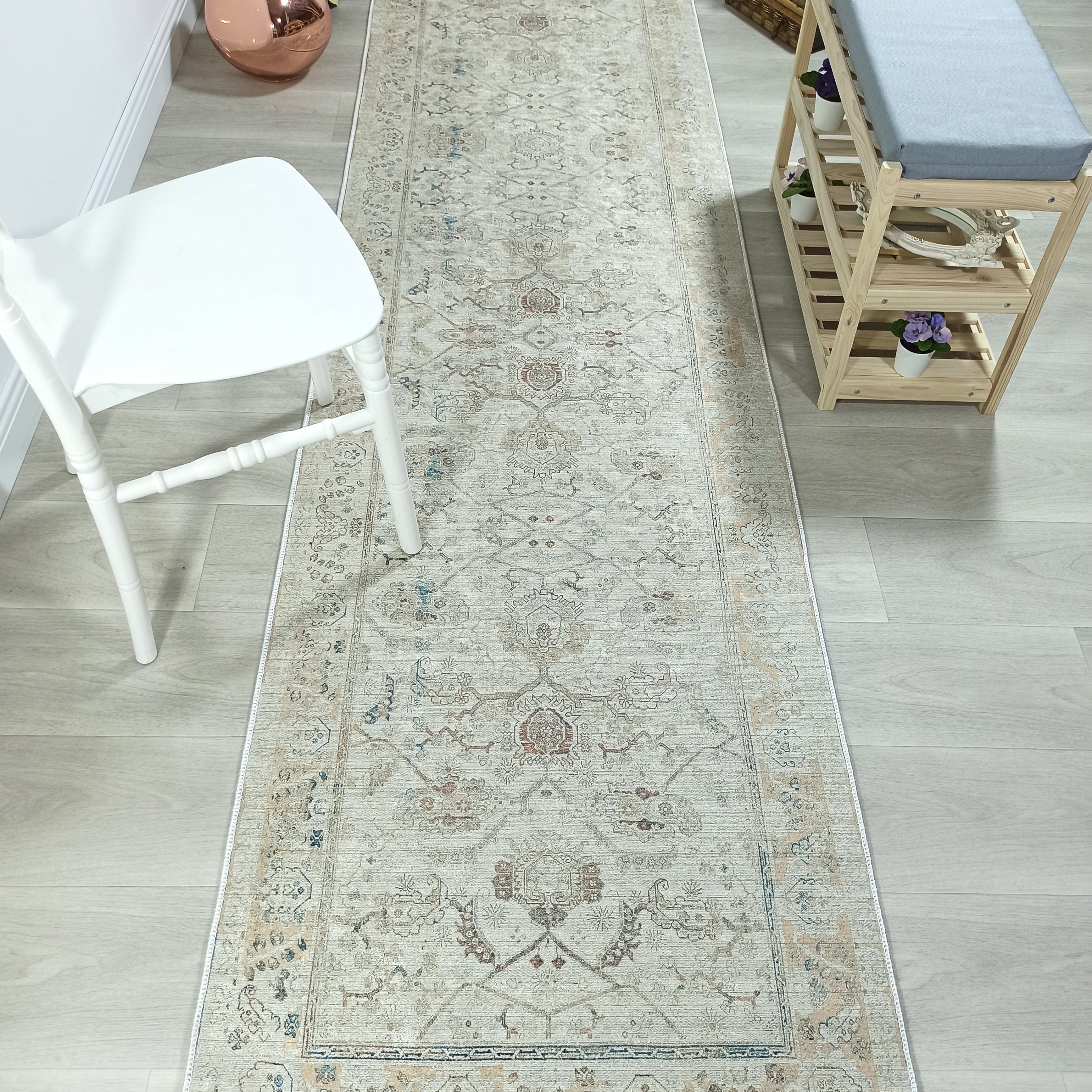 Turkish Oushak Neutral Faded Beige Vintage Design Rug