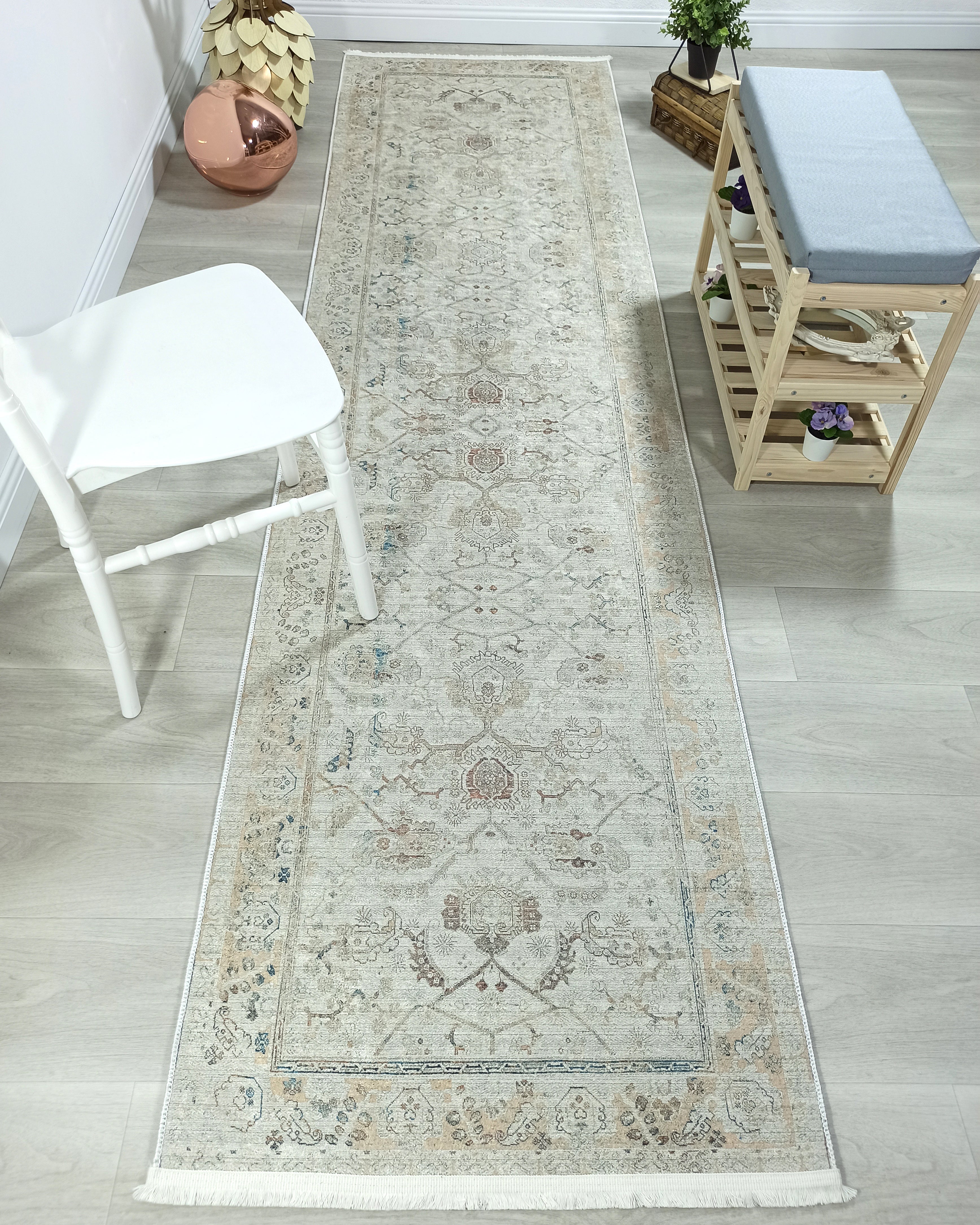 Turkish Oushak Neutral Faded Beige Vintage Design Rug