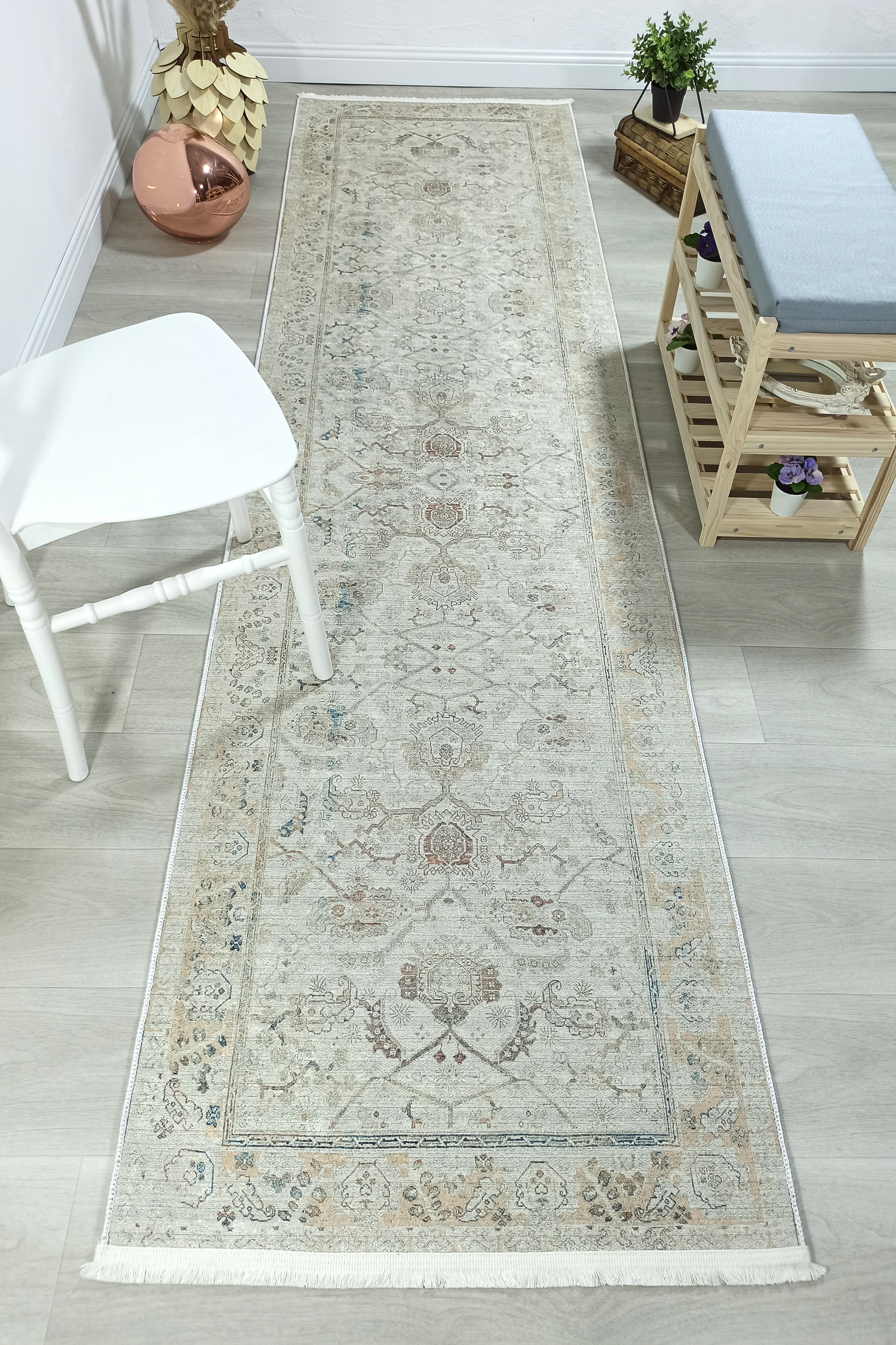 Turkish Oushak Neutral Faded Beige Vintage Design Rug