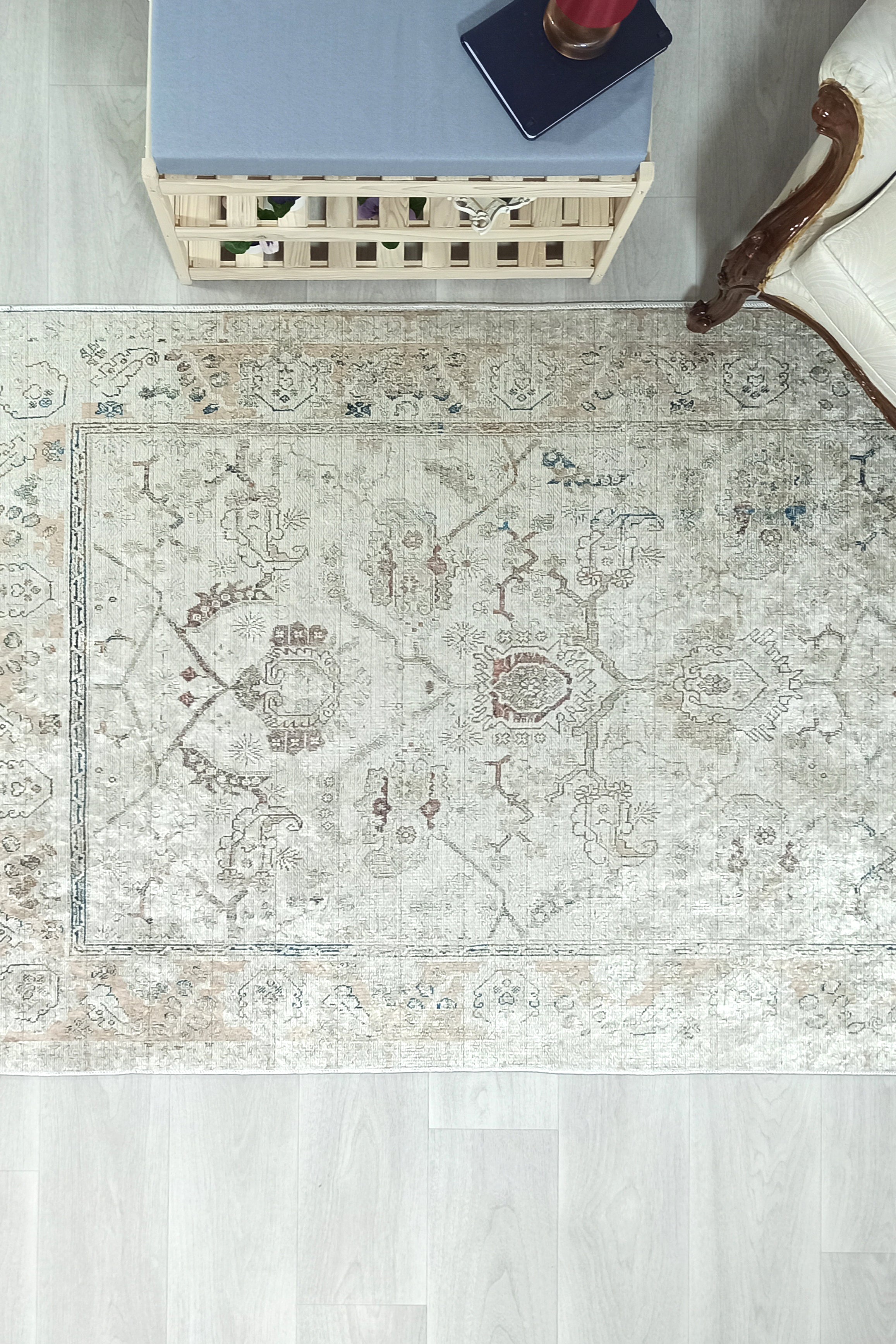 Turkish Oushak Neutral Faded Beige Vintage Design Rug