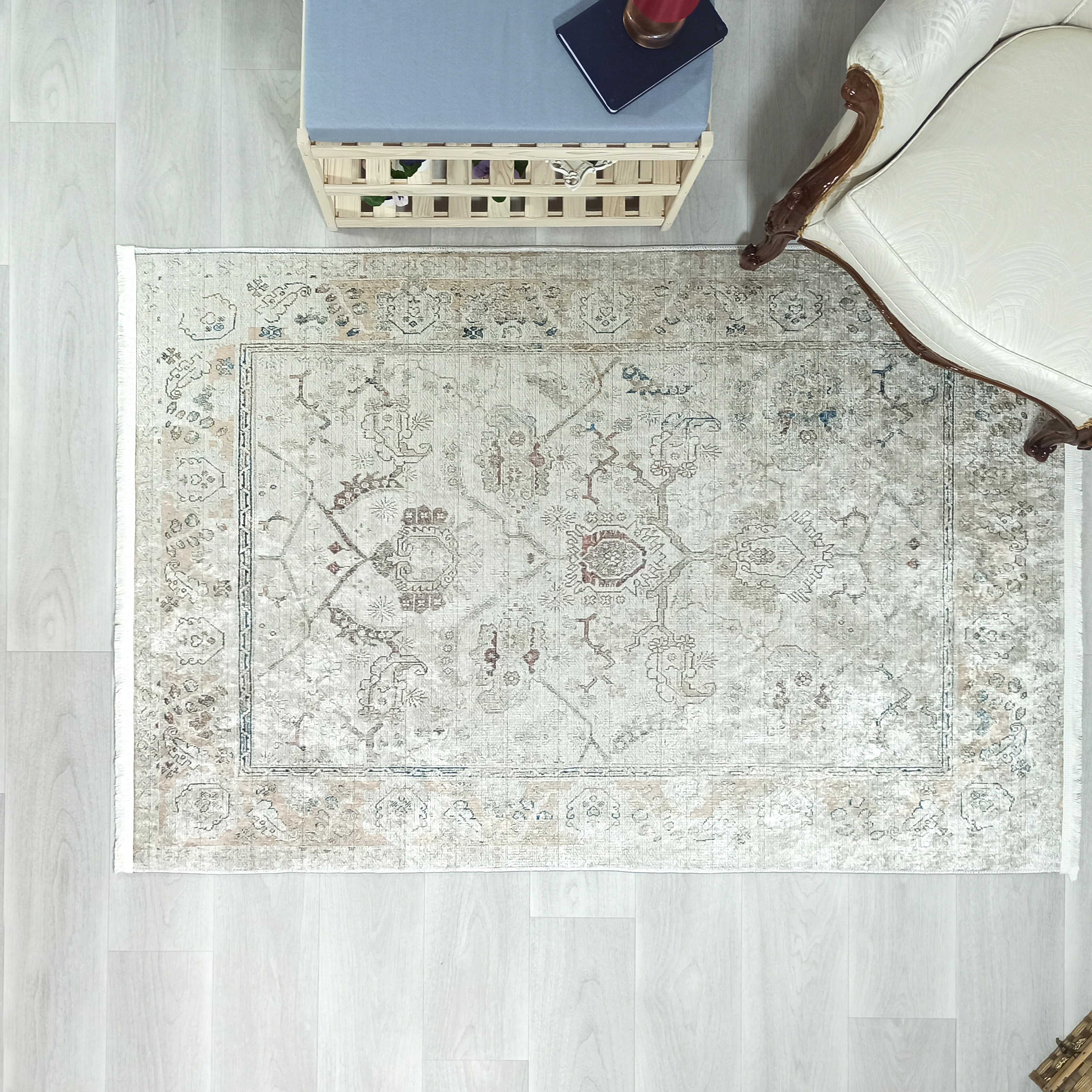 Turkish Oushak Neutral Faded Beige Vintage Design Rug