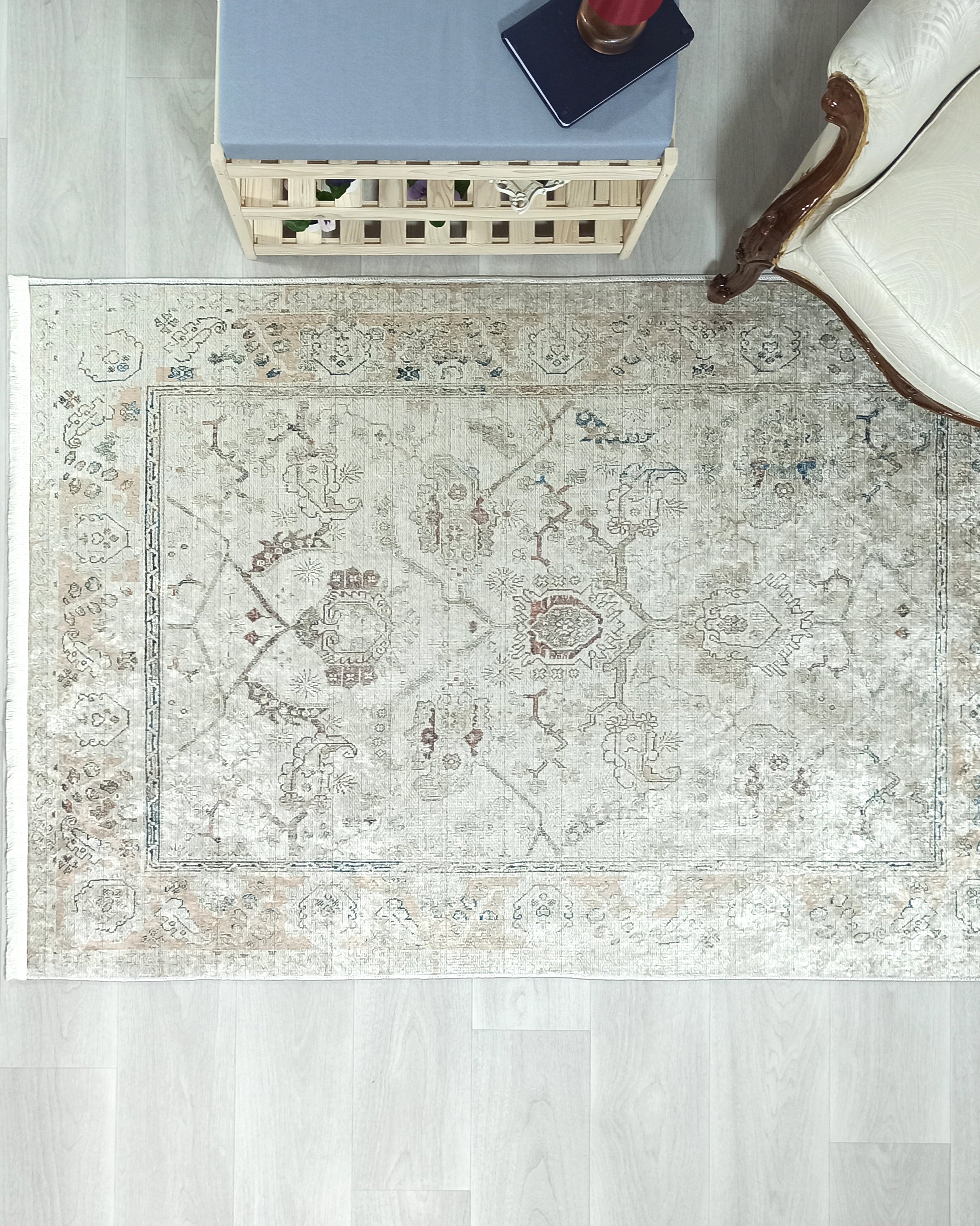 Turkish Oushak Neutral Faded Beige Vintage Design Rug