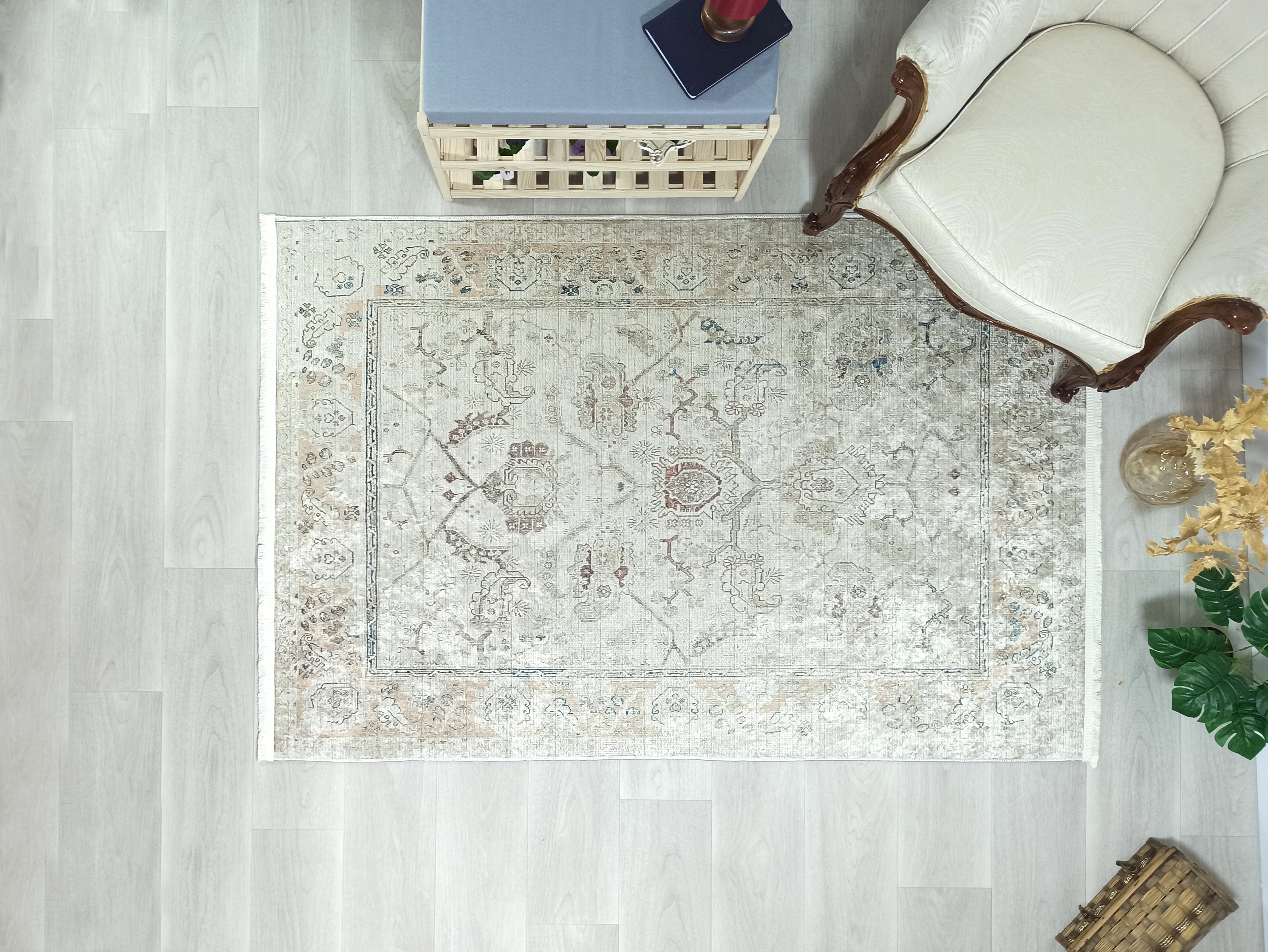 Turkish Oushak Neutral Faded Beige Vintage Design Rug